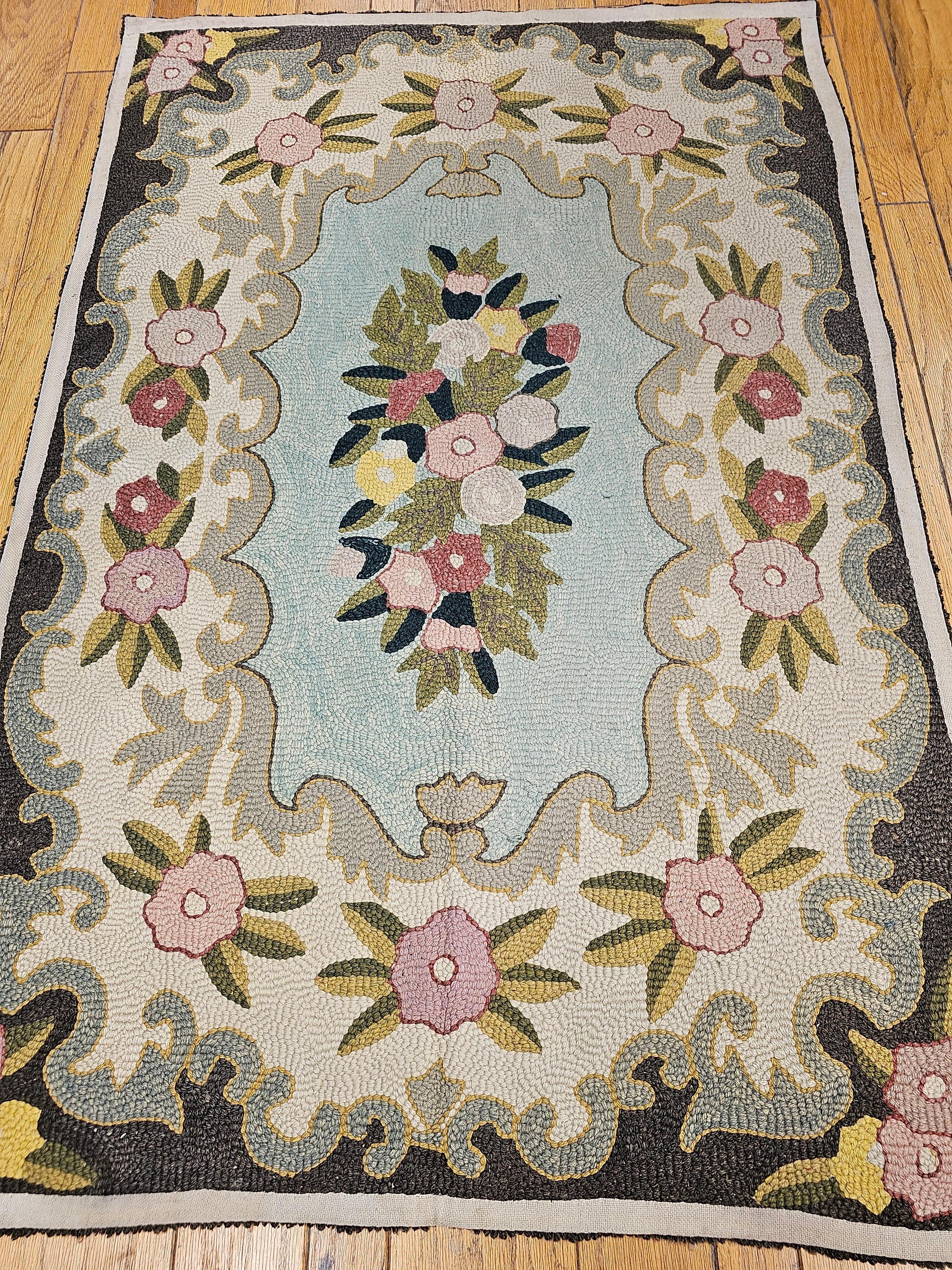 Vintage American Hand Hooked Area Rug with a Floral Pattern in Pastel Colors For Sale 7