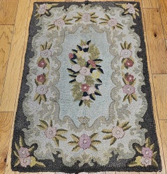 Tapis américain vintage tissé à la main, laine et coton, motif floral, art populaire