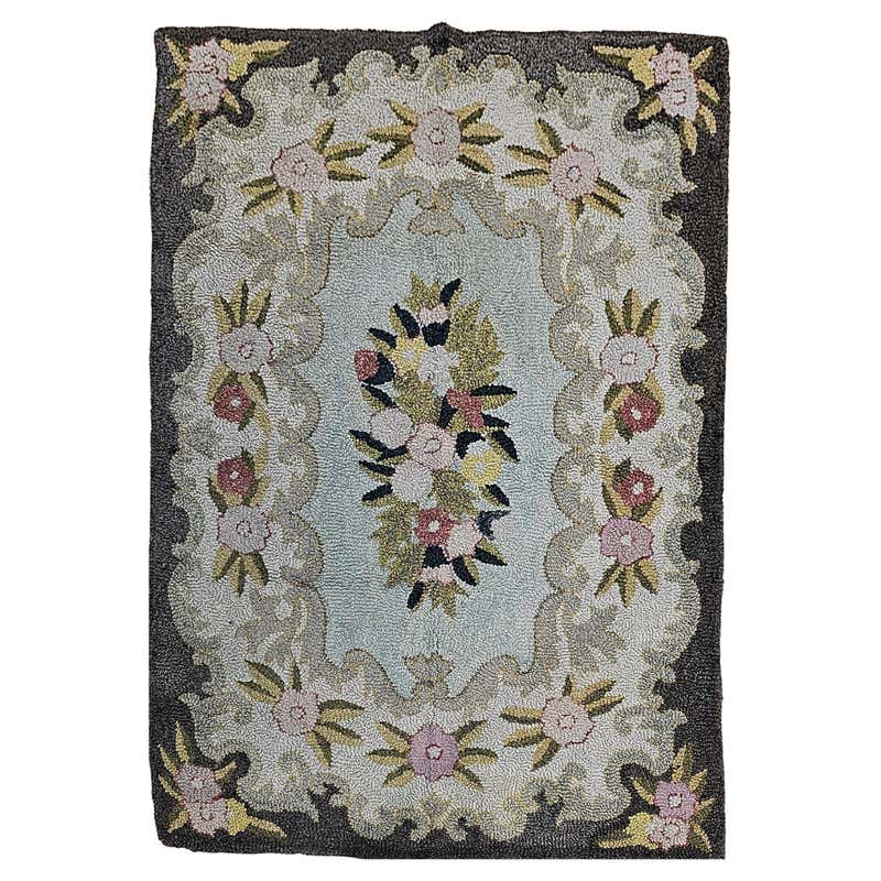 Early American Hand Hooked Rug with a Floral Pattern Wall Art For Sale ...