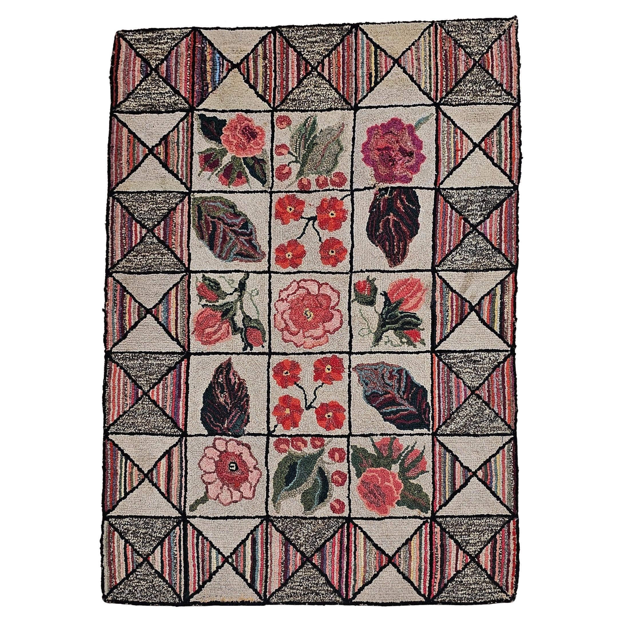 Vintage American Hand Hooked Rug, Block Design, Folk Art Tapestry, 29” x 42”