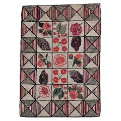 Vintage American Hand-Hooked Area Rug, Wool & Cotton, Block Pattern, 1900s