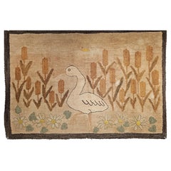 Vintage American Hand Hooked Rug, Bird and Flowers Design, Folk Art Tapestry