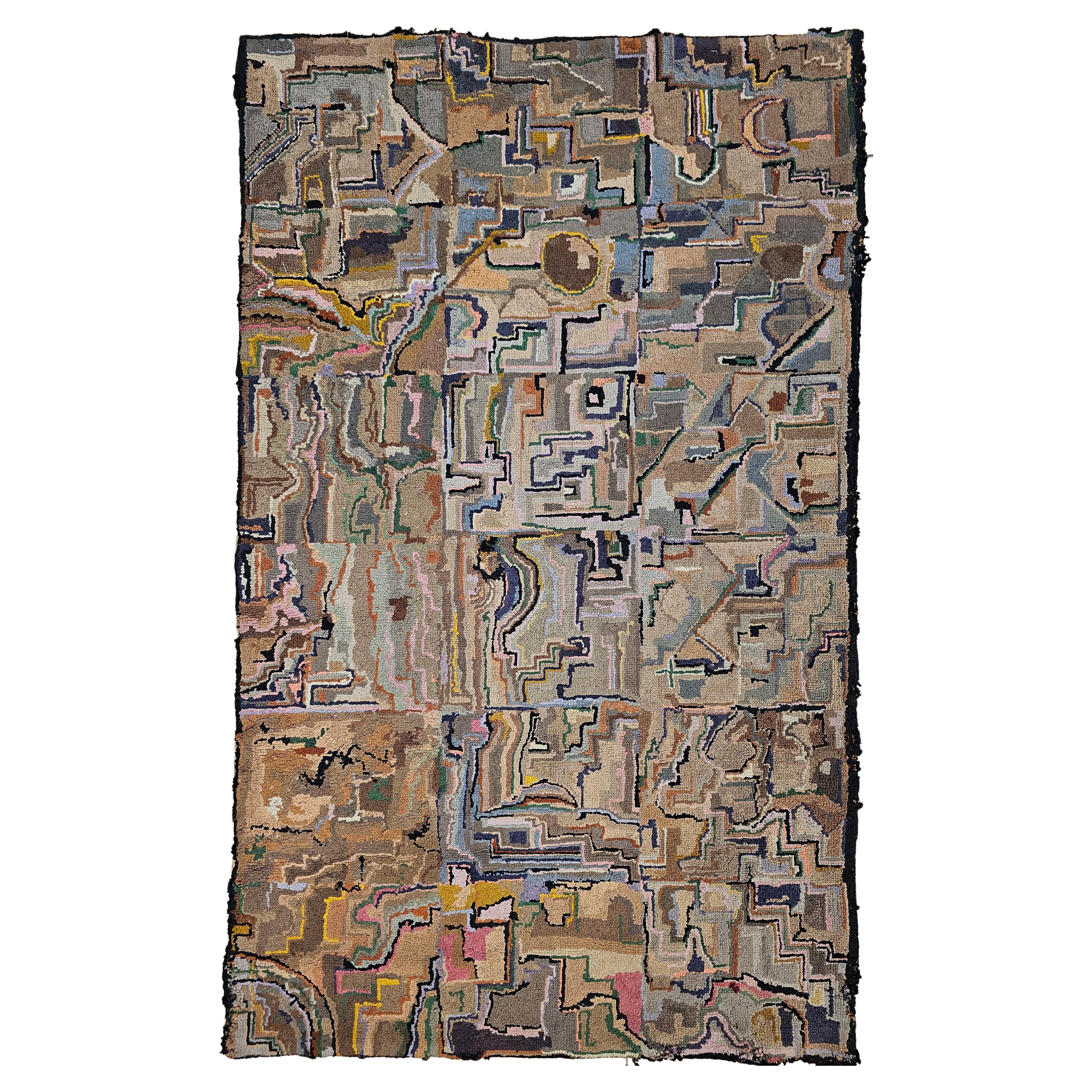 Vintage American Hand Hooked Rug, Folk Art, Geometric Block Pattern, 26” x 44” For Sale