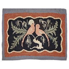 Vintage American Hand Hooked Rug, Folk Art Rug, Two Lovebirds in a Tree Design