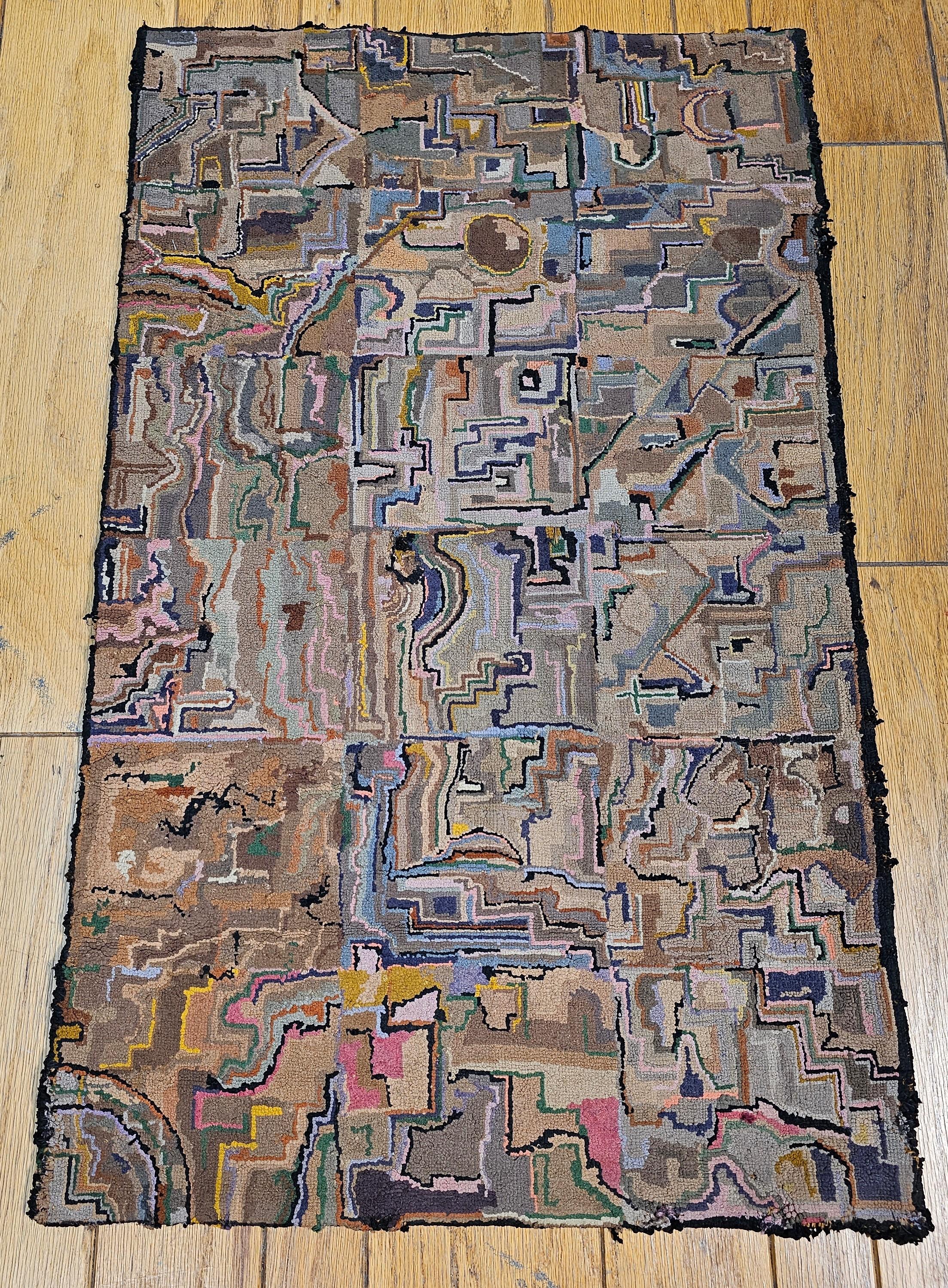 Vintage American Hand Hooked Rug in a Geometric Block Pattern in Pastel Colors For Sale 1