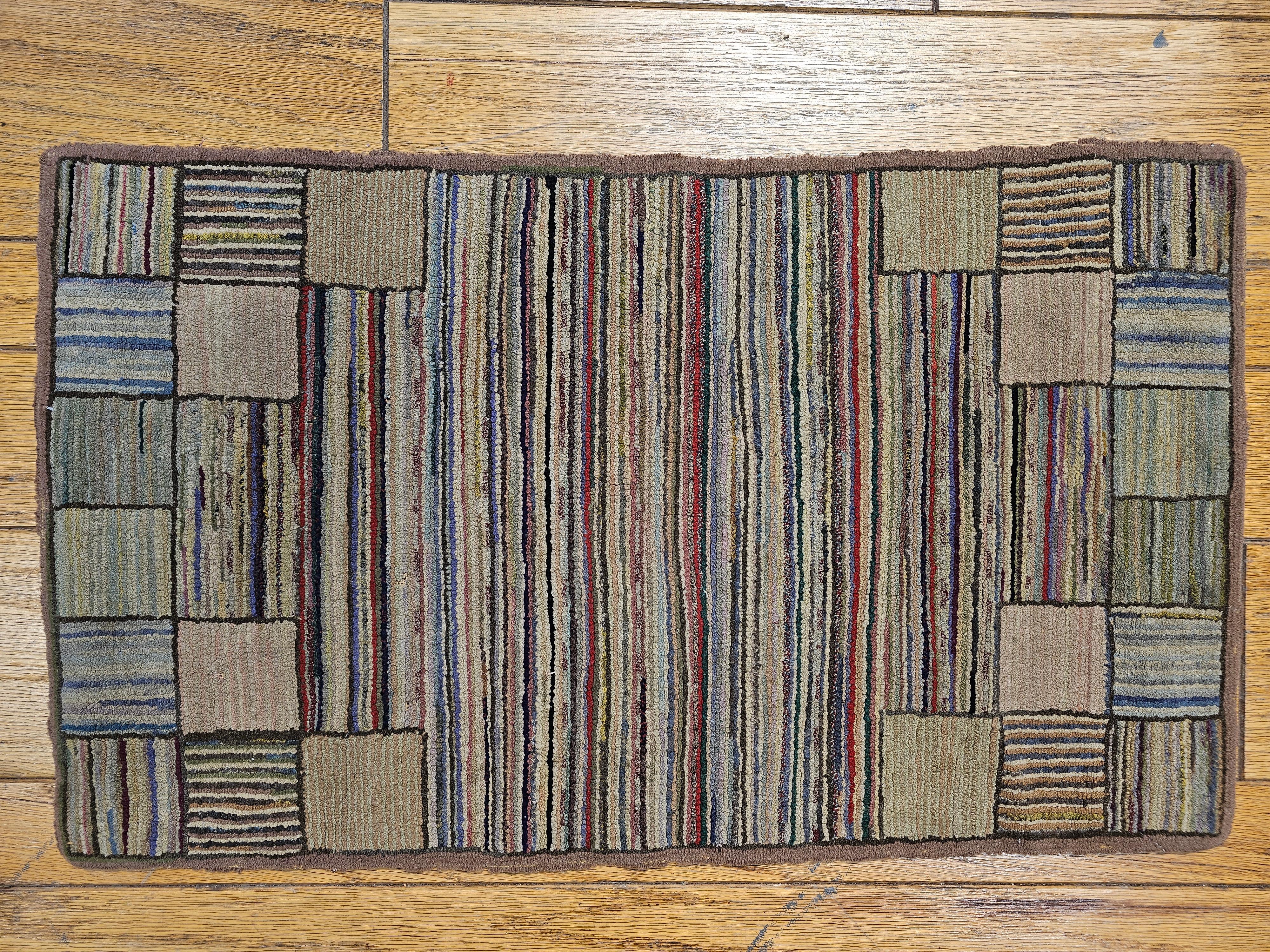 Hand-Crafted Vintage American Hand Hooked Rug in a Stripe Pattern in Blue, Green, Red, Taupe For Sale
