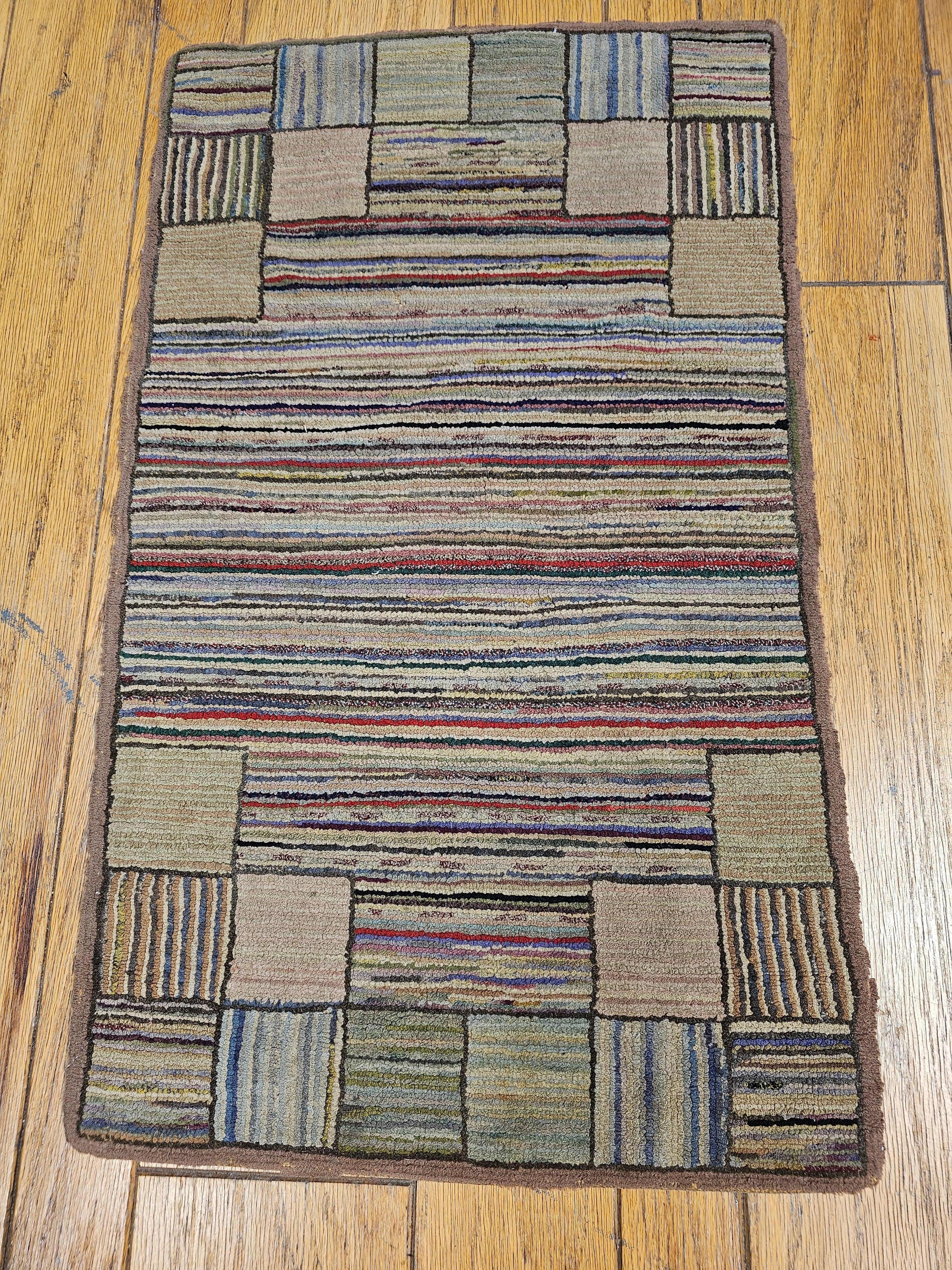 Vintage American Hand Hooked Rug in a Stripe Pattern in Blue, Green, Red, Taupe In Good Condition For Sale In Barrington, IL