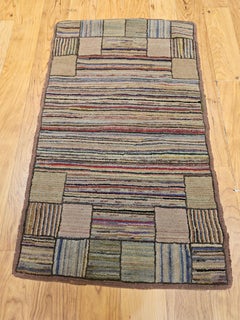 Vintage American Hand Hooked Rug in a Stripe Pattern in Blue, Green, Red, Taupe