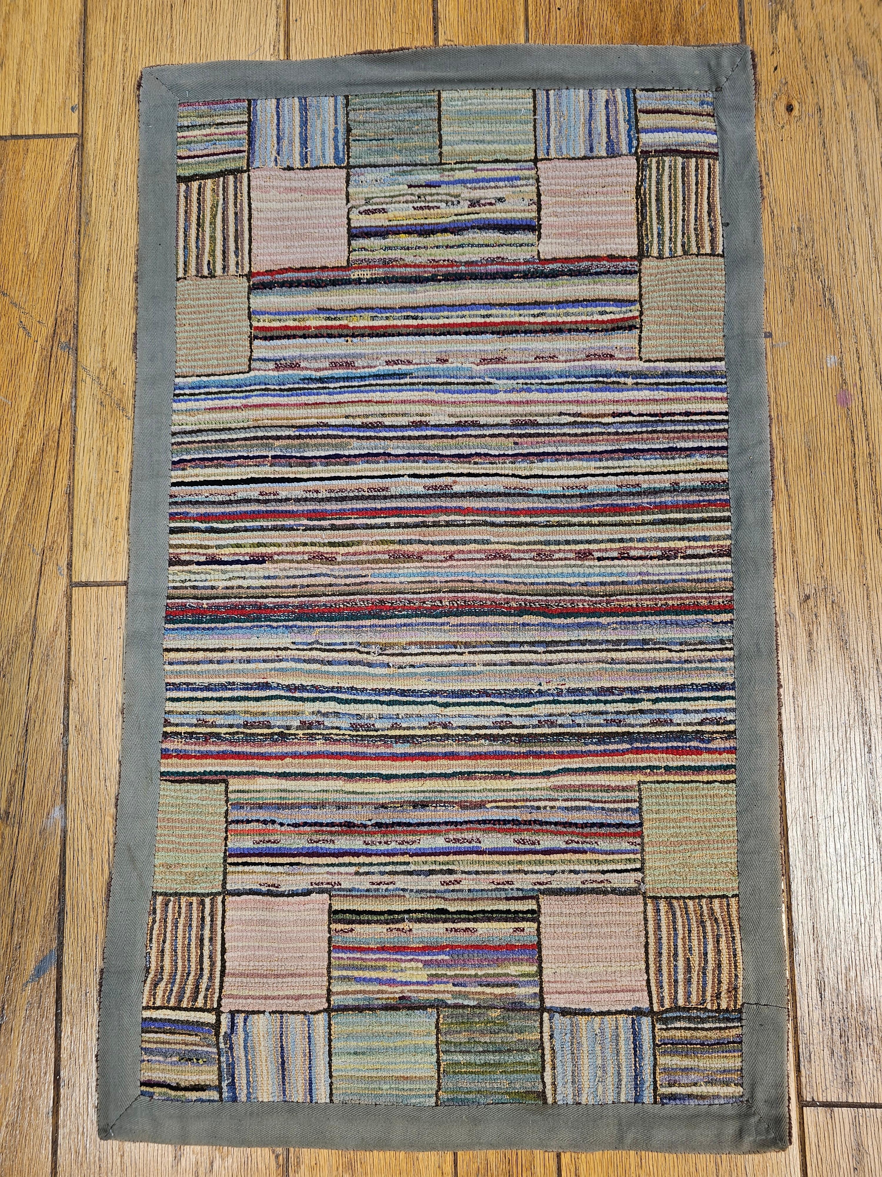 20th Century Vintage American Hand Hooked Rug in a Stripe Pattern in Blue, Green, Red, Taupe For Sale