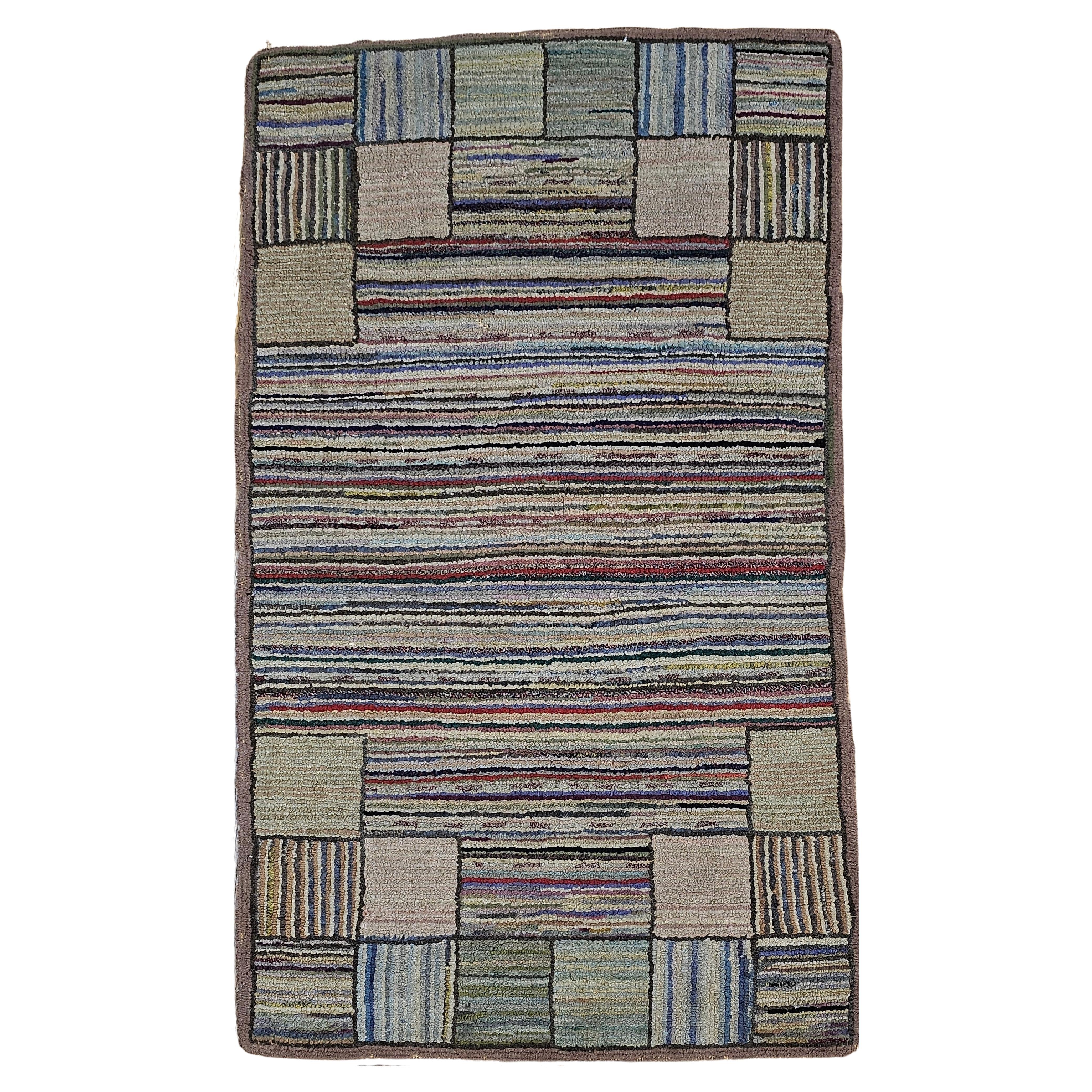 Vintage American Hand Hooked Rug in a Stripe Pattern in Blue, Green, Red, Taupe
