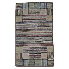 Vintage American Hand Hooked Rug in a Stripe Pattern in Blue, Green, Red, Taupe