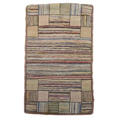 Vintage American Hand Hooked Rug in a Stripe Pattern in Blue, Green, Red, Taupe