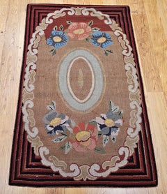 Vintage American Hand Hooked Rug in Floral Pattern in Ivory, Green, Brown