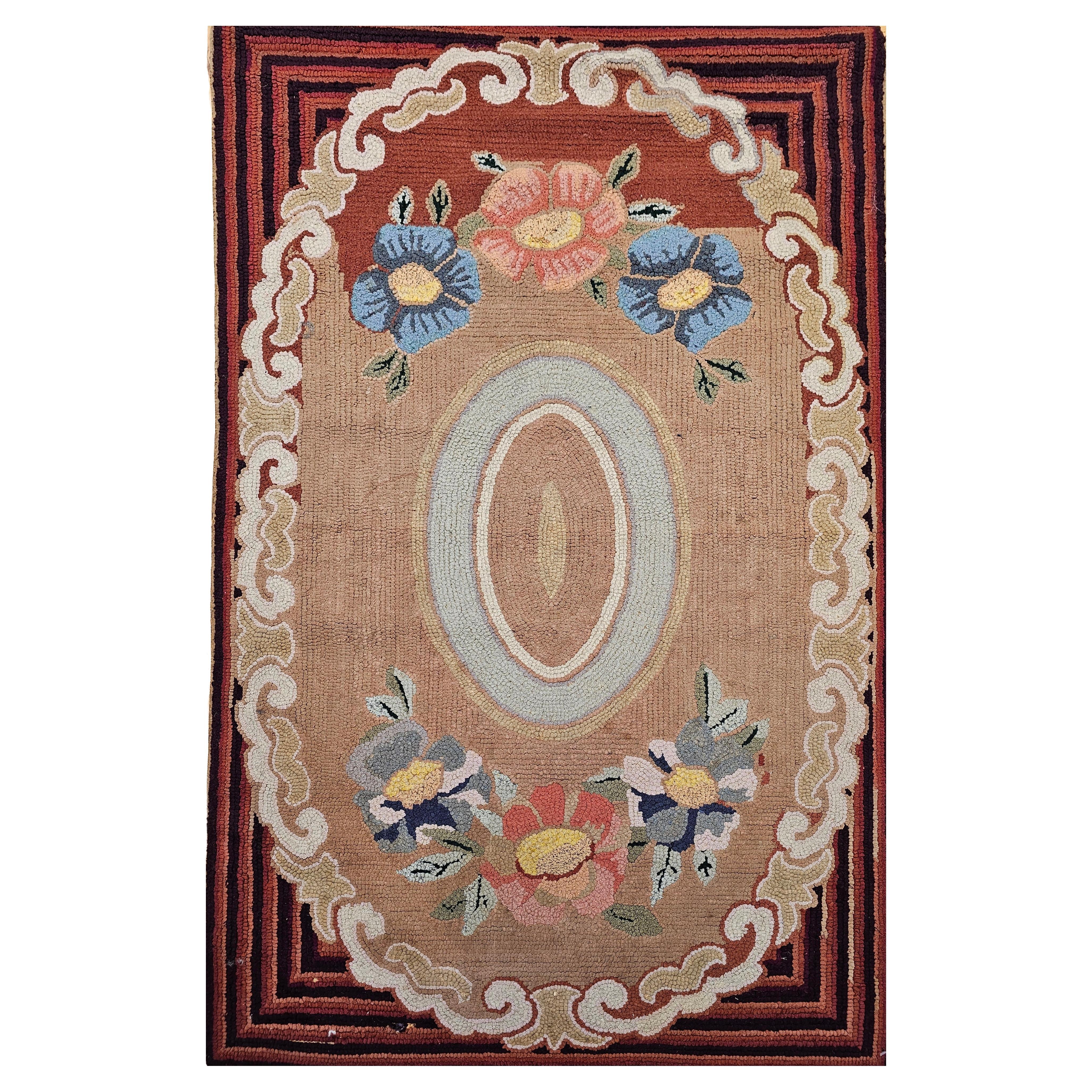 Vintage American Hand Hooked Rug in Floral Pattern in Ivory, Green, Brown