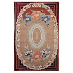 Vintage American Hand Hooked Rug in Floral Pattern in Ivory, Green, Brown Vintage American Hand Hooked Rug in Floral Pattern in Ivory, Green, Brown