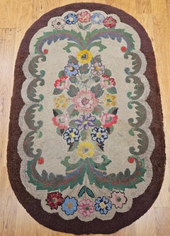 Vintage Hand-Hooked Floral Rug, Wool & Cotton, Early 1900s
