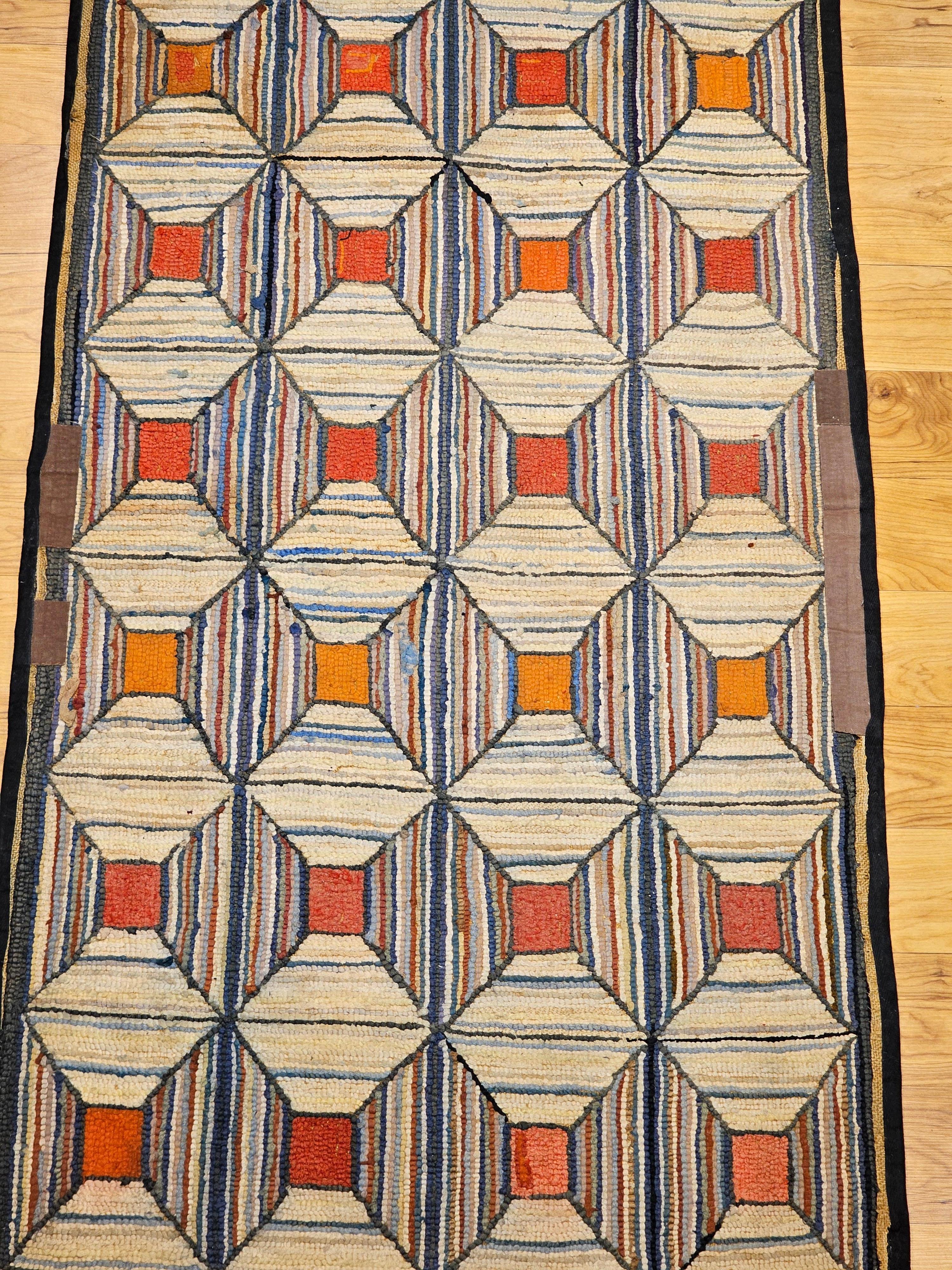 Tapis américain vintage crocheté à la main à motif géométrique en ivoire, rose, orange, brun clair en vente 3