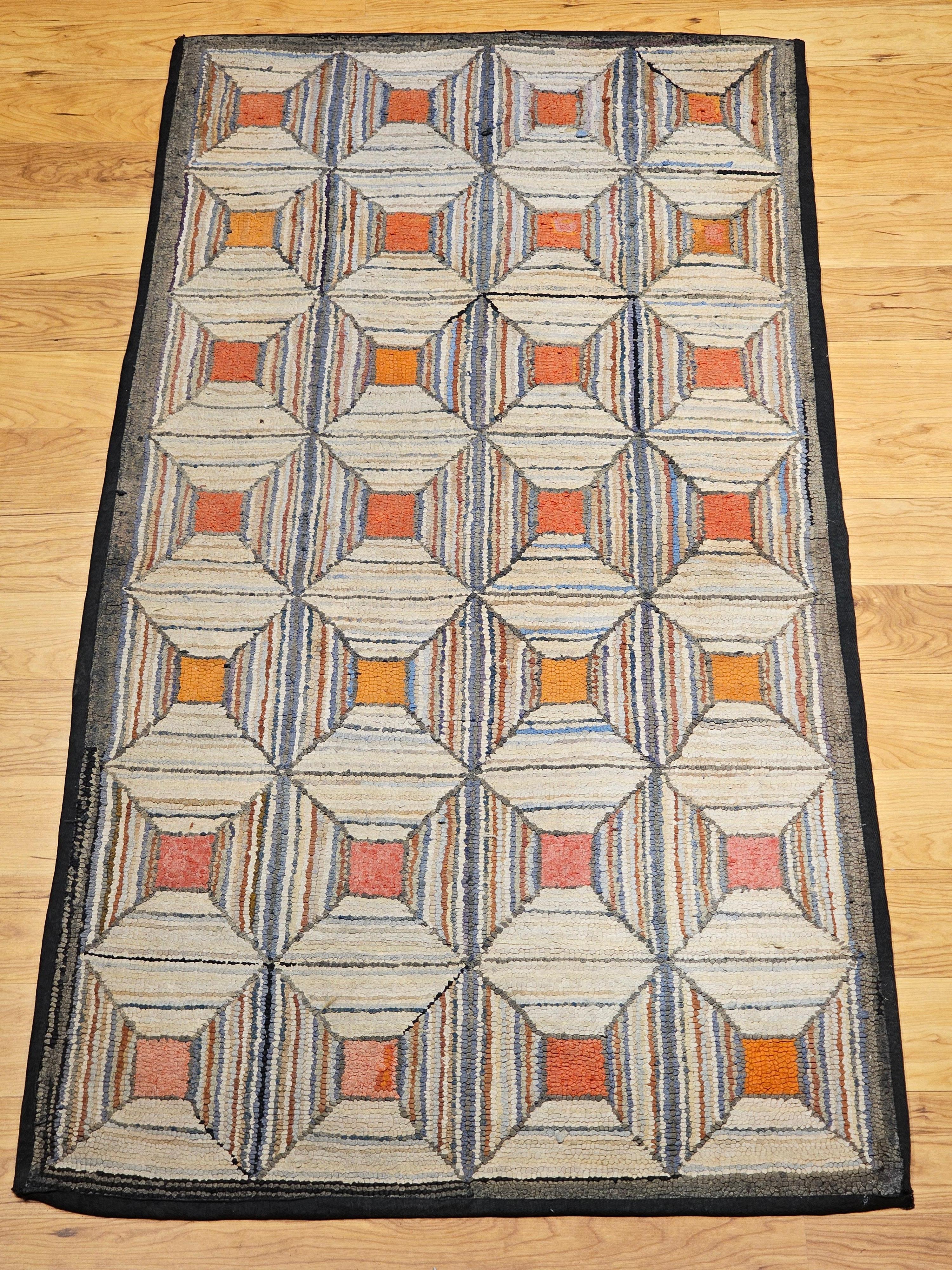 Amerikanischer handgehäkelter Vintage-Teppich mit geometrischem Muster in Elfenbein, Rosa, Orange, Bl im Angebot 4