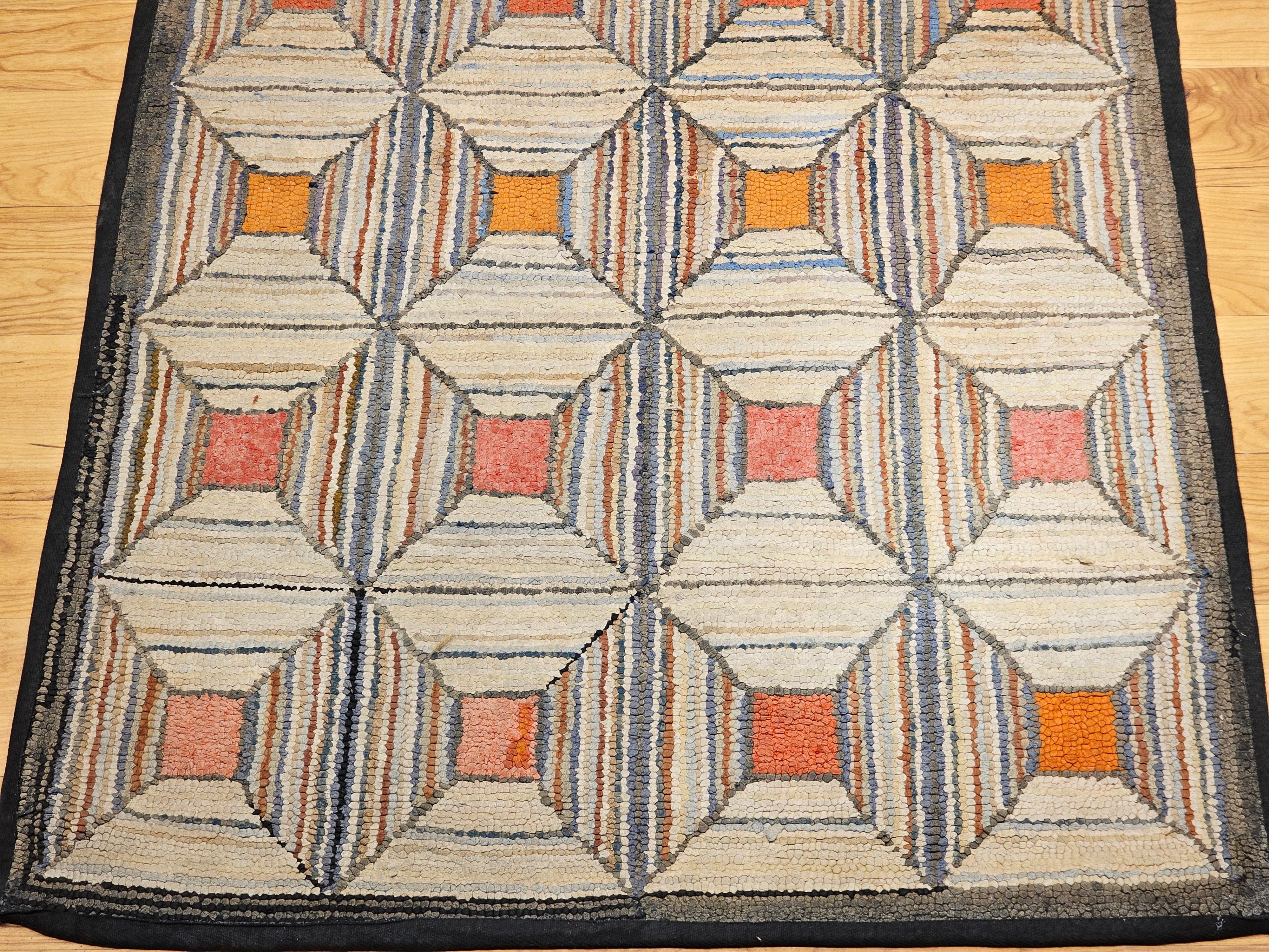 Amerikanischer handgehäkelter Vintage-Teppich mit geometrischem Muster in Elfenbein, Rosa, Orange, Bl (amerikanisch) im Angebot