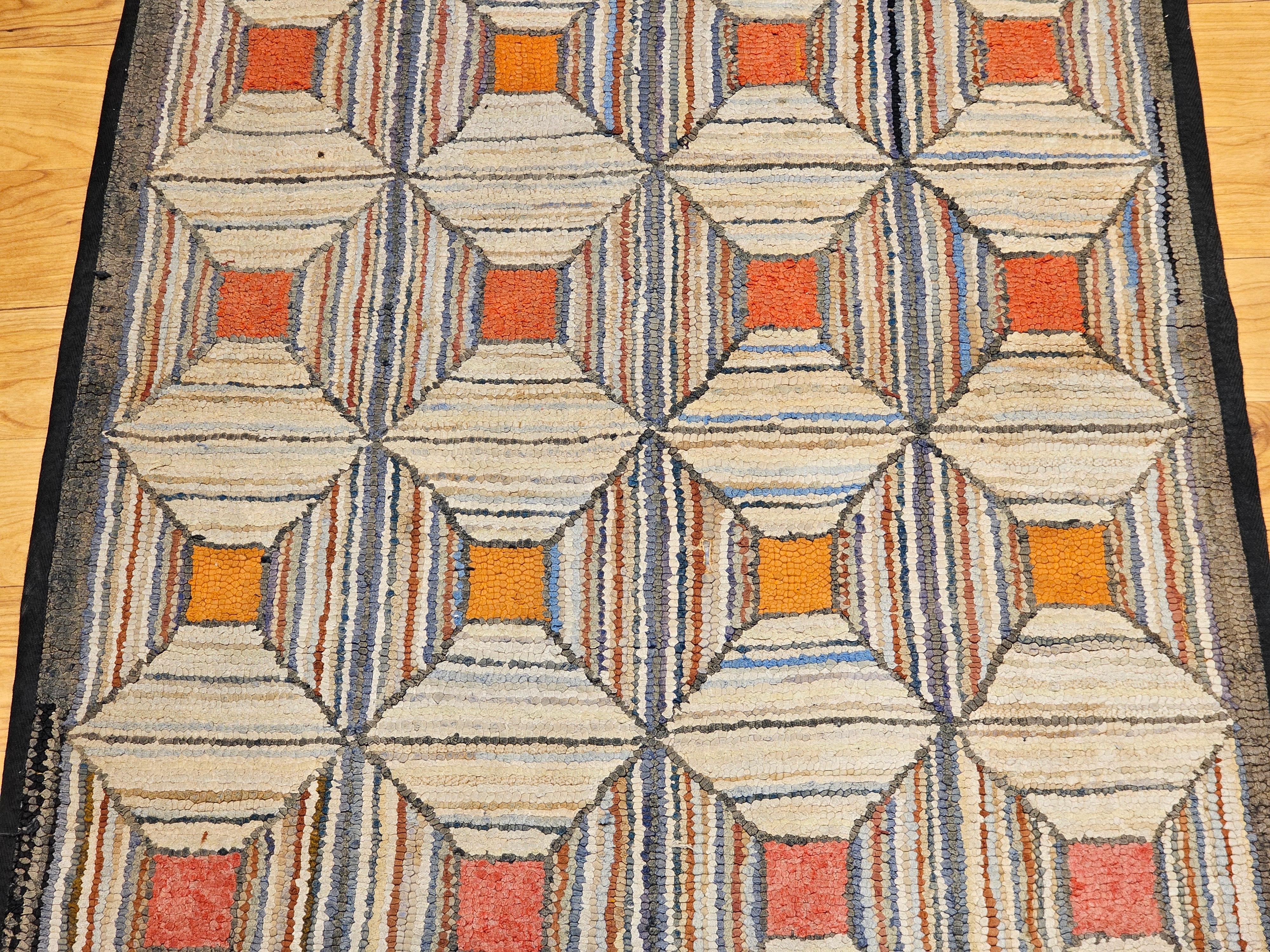 Amerikanischer handgehäkelter Vintage-Teppich mit geometrischem Muster in Elfenbein, Rosa, Orange, Bl (Handgefertigt) im Angebot