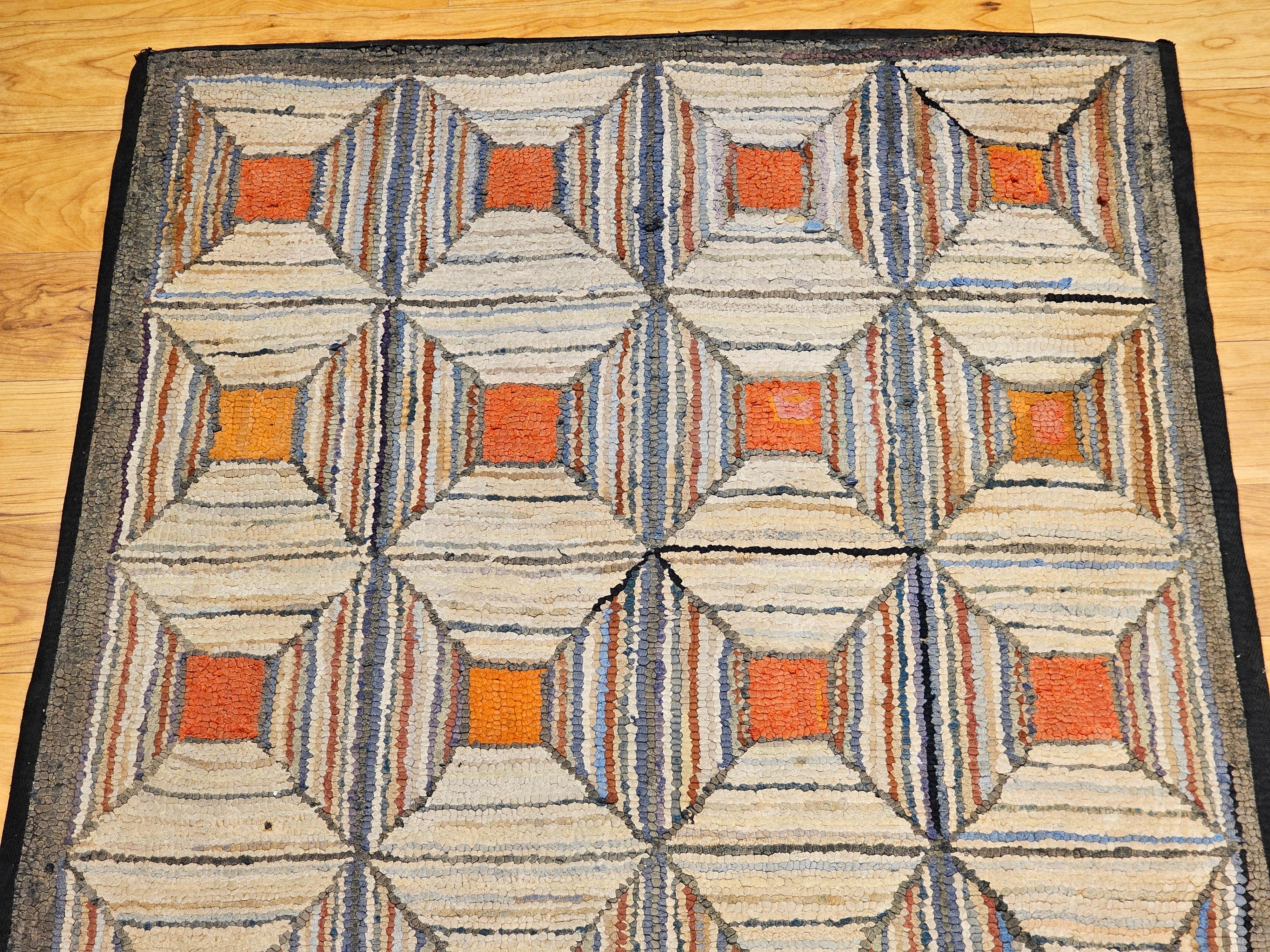 Amerikanischer handgehäkelter Vintage-Teppich mit geometrischem Muster in Elfenbein, Rosa, Orange, Bl im Zustand „Gut“ im Angebot in Barrington, IL