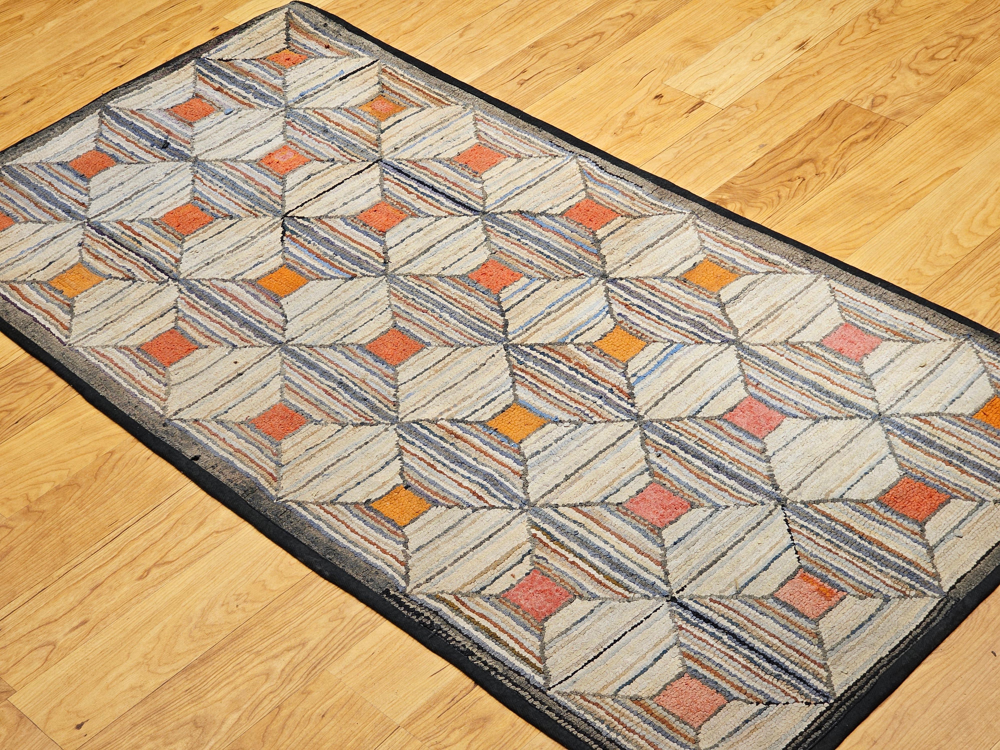 Amerikanischer handgehäkelter Vintage-Teppich mit geometrischem Muster in Elfenbein, Rosa, Orange, Bl (20. Jahrhundert) im Angebot
