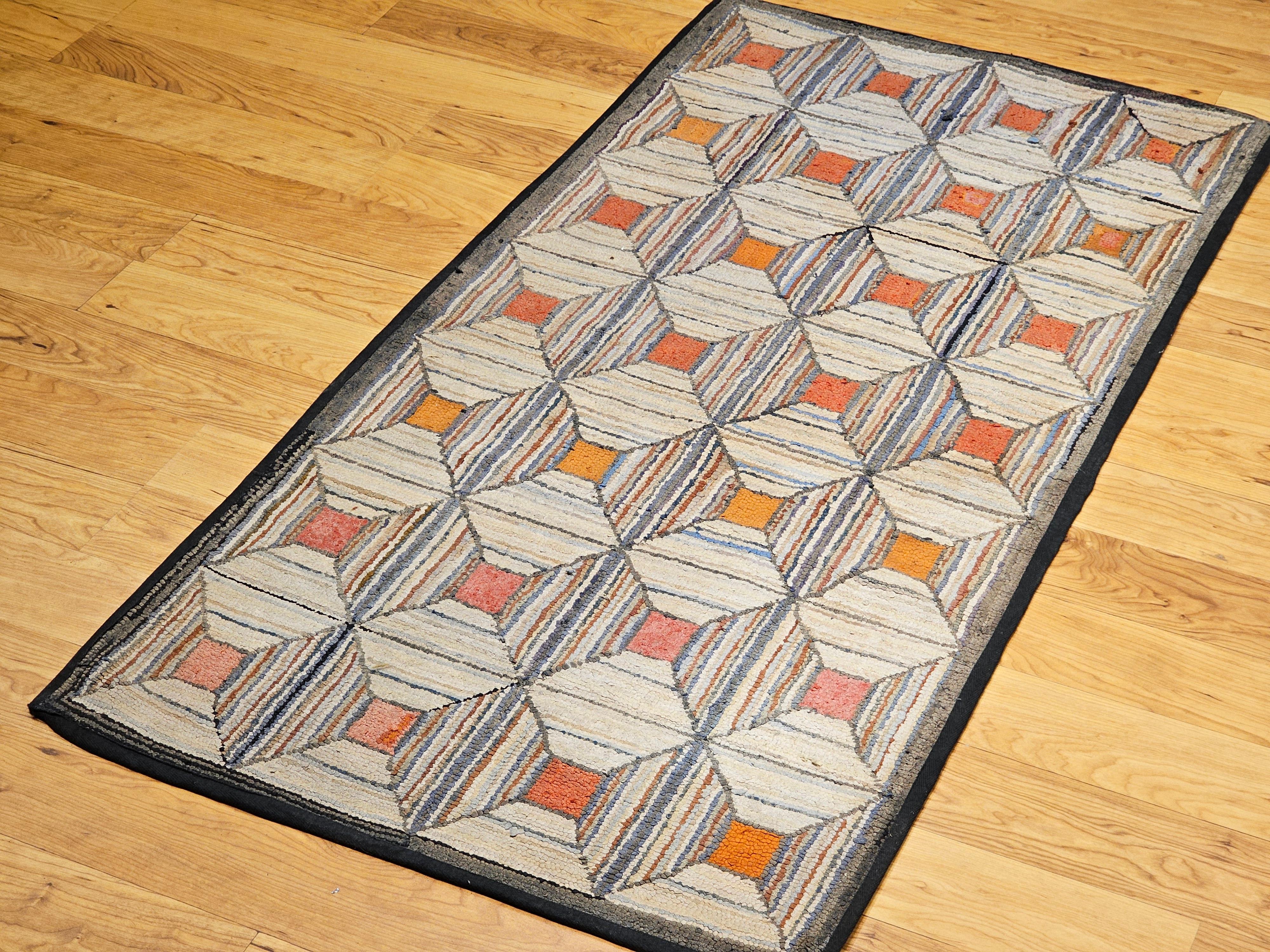 Amerikanischer handgehäkelter Vintage-Teppich mit geometrischem Muster in Elfenbein, Rosa, Orange, Bl im Angebot 1