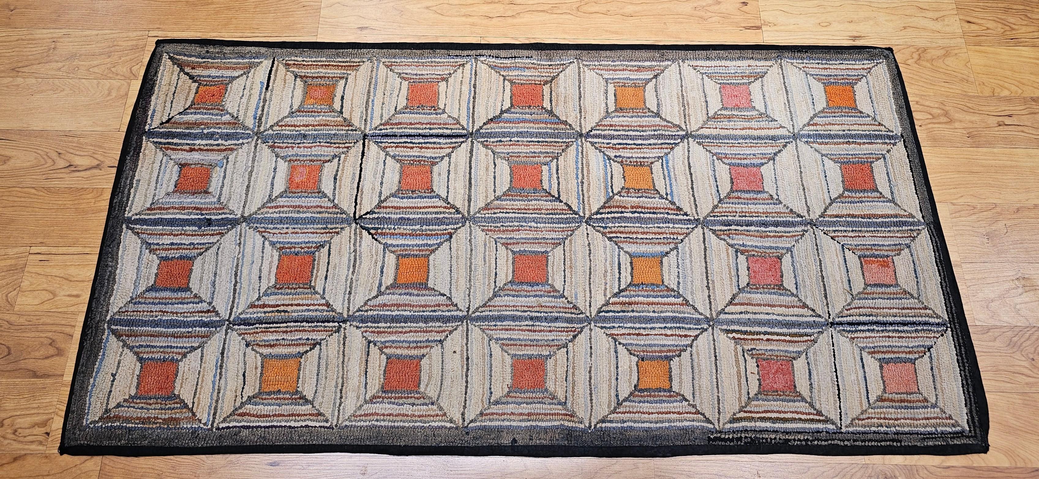 Tapis américain vintage crocheté à la main à motif géométrique en ivoire, rose, orange, brun clair en vente 2