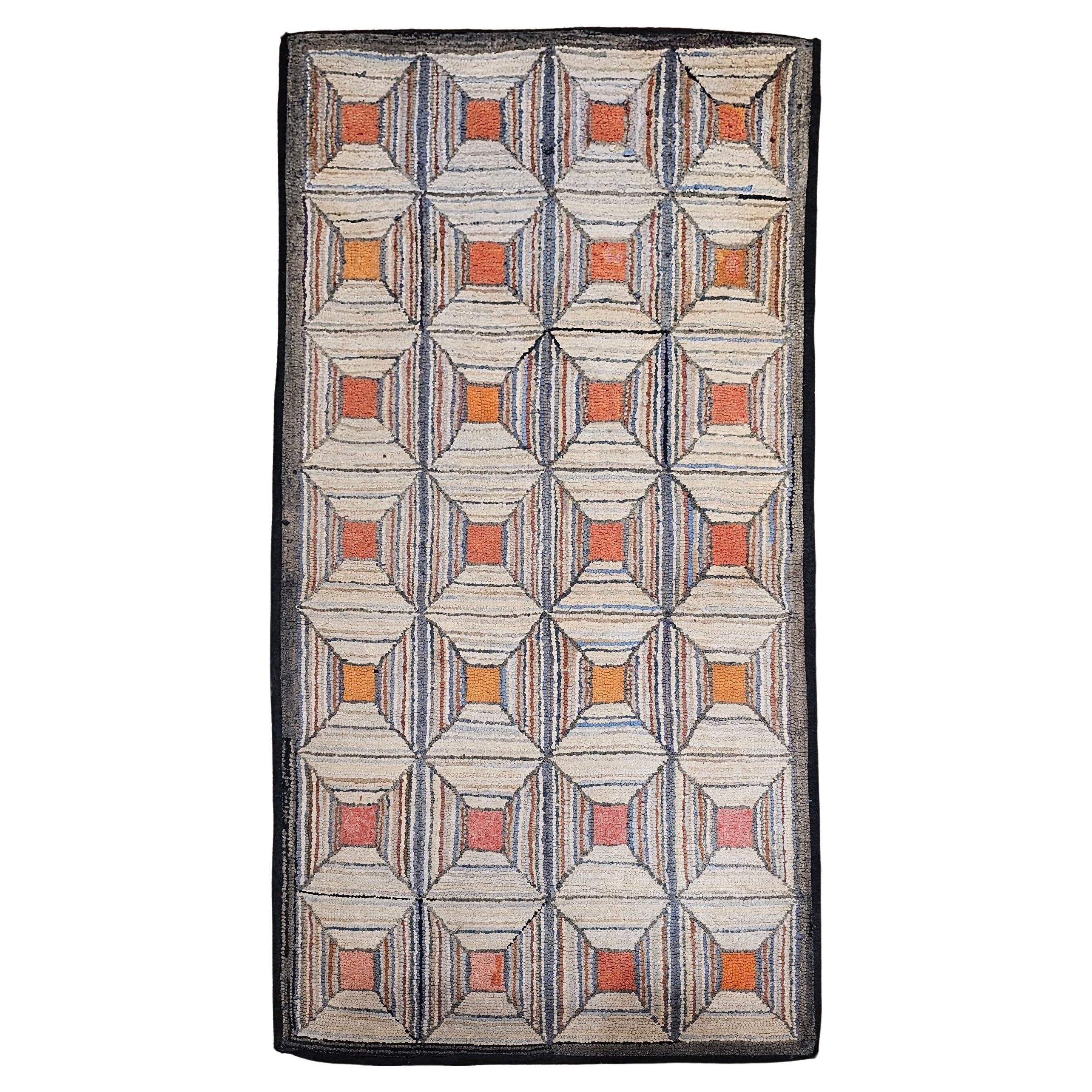 Tapis américain vintage crocheté à la main à motif géométrique en ivoire, rose, orange, brun clair en vente
