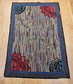 Vintage American Hand Hooked Rug in Gray, Green, Red