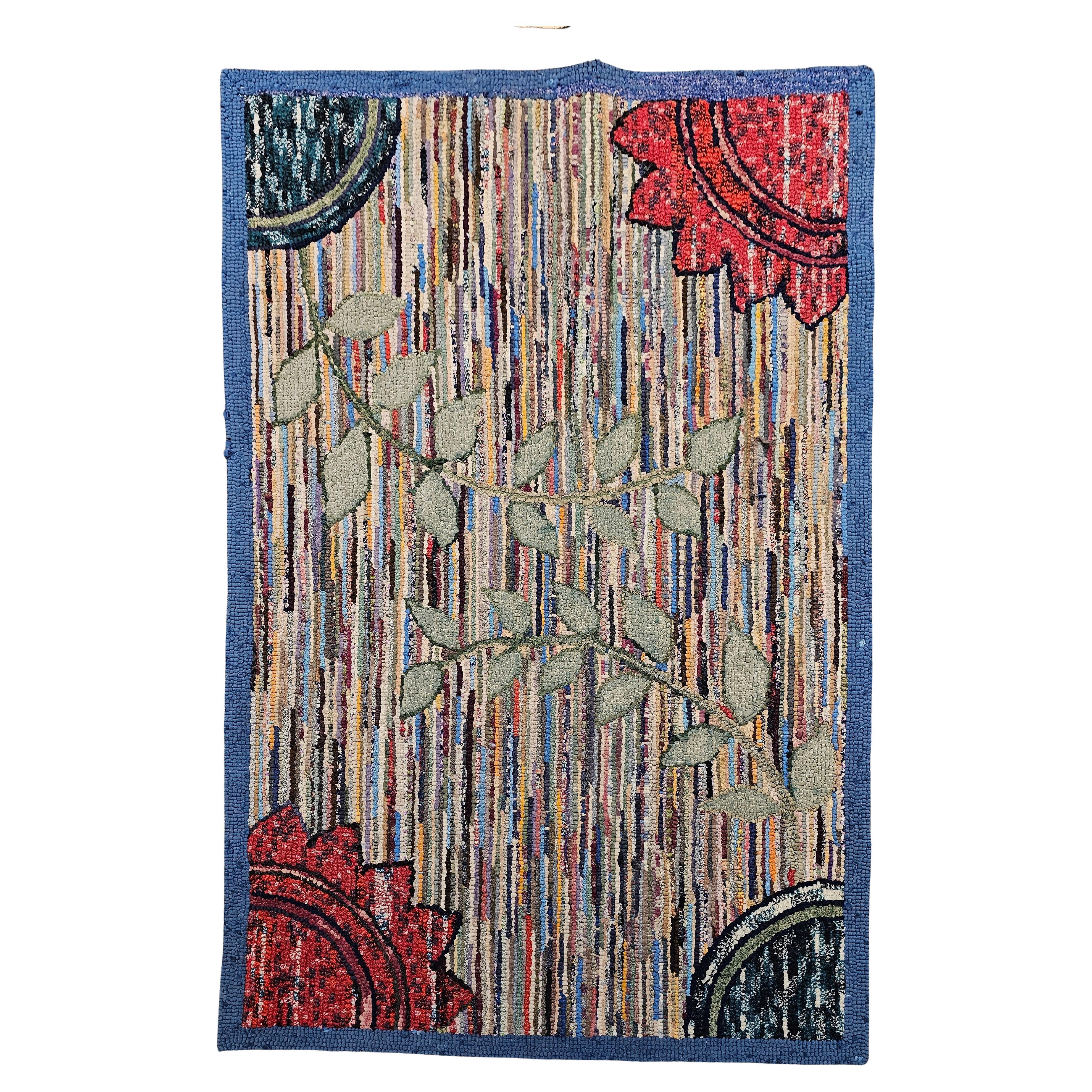Vintage American Hand Hooked Rug in Gray, Green, Red For Sale