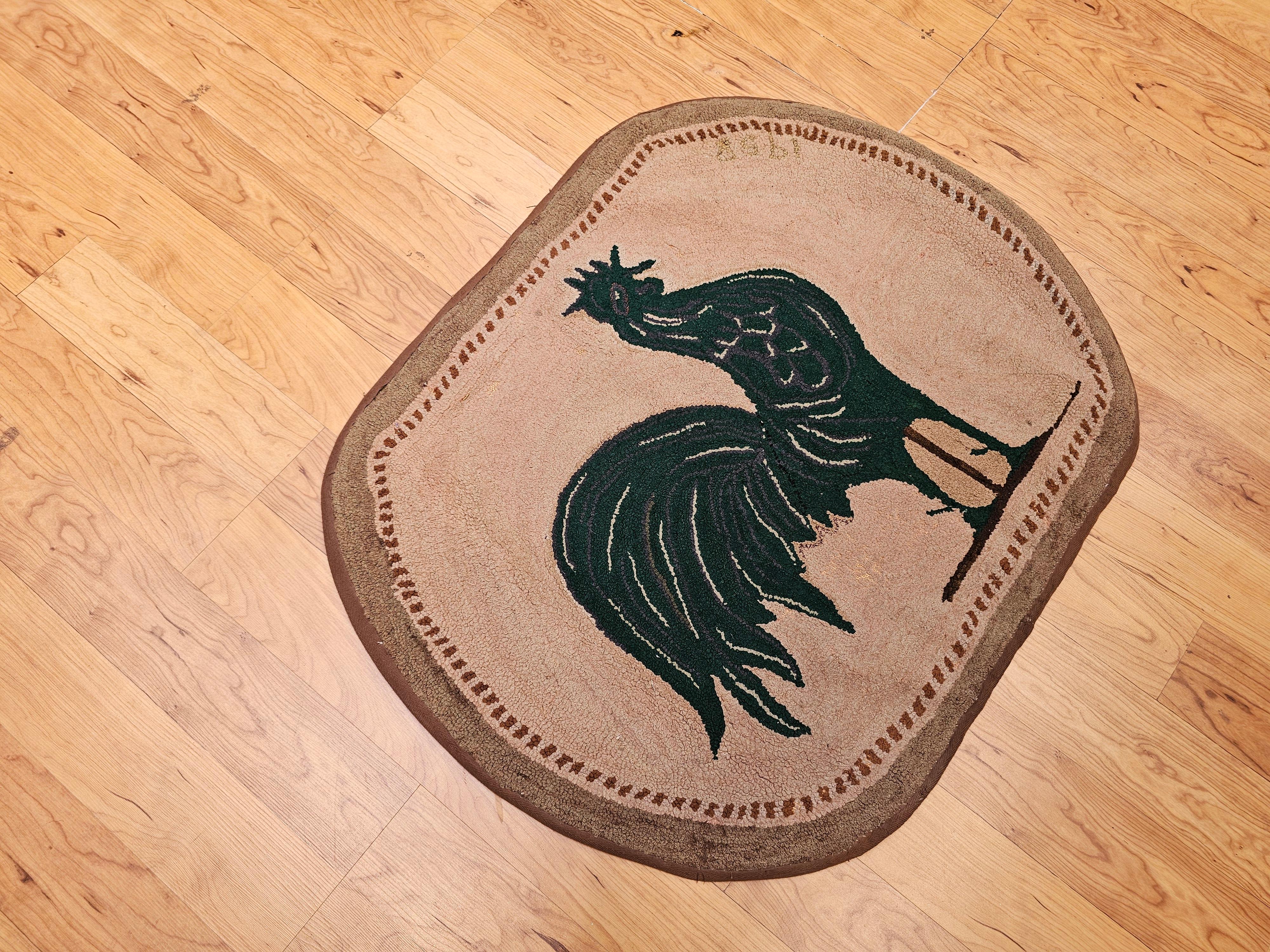 Vintage American Hand Hooked Rug in Rooster Pattern in Grün, Brown, Khaki im Angebot 4