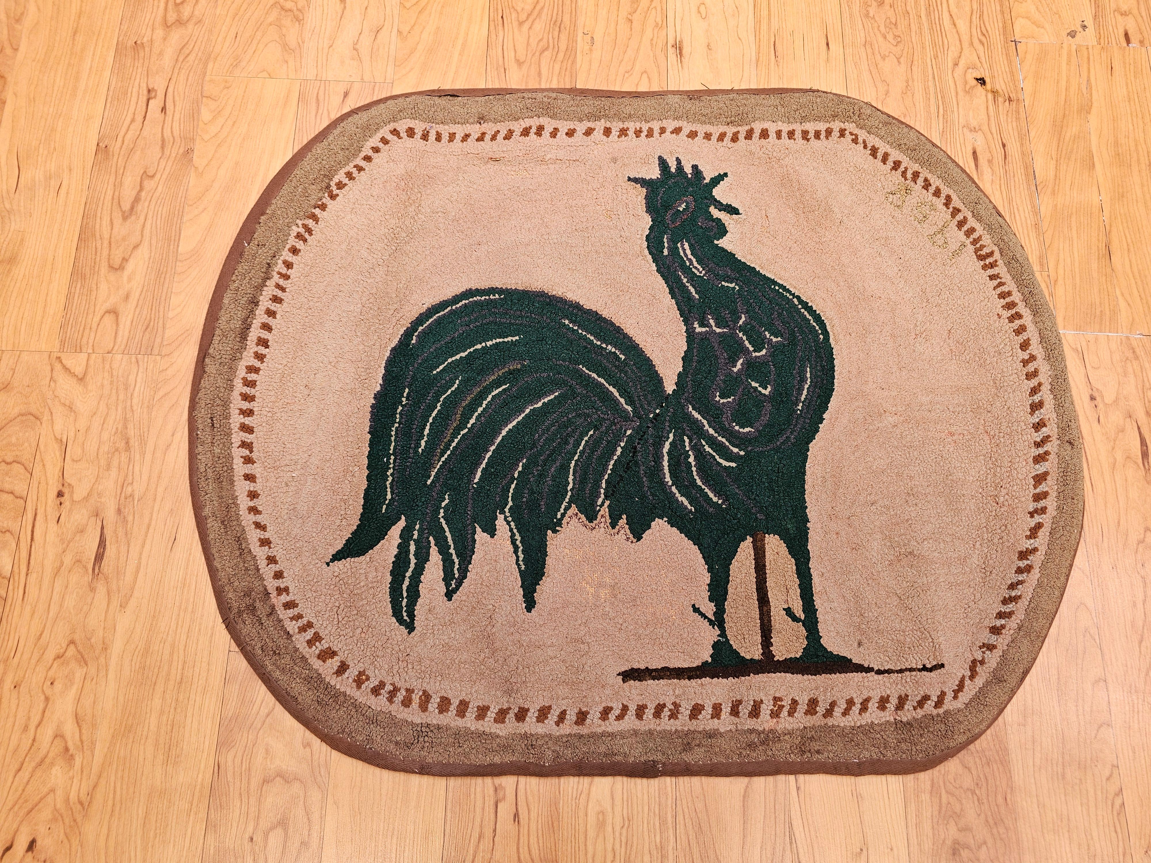 Vintage American Hand Hooked Rug in Rooster Pattern in Grün, Brown, Khaki im Angebot 5