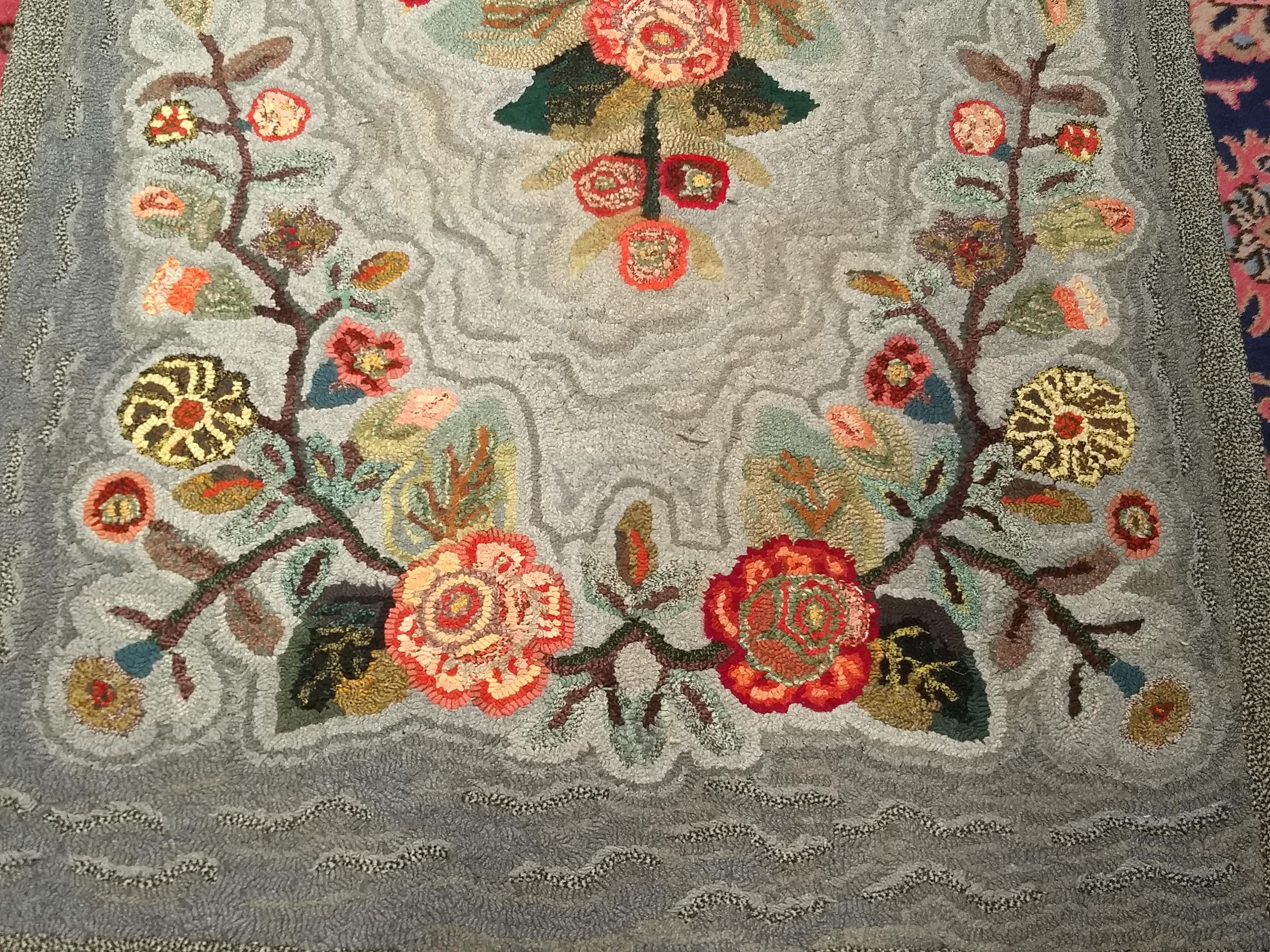 Vintage American Hand Hooked Rug in Floral Pattern in Pale Blue, Grey 2