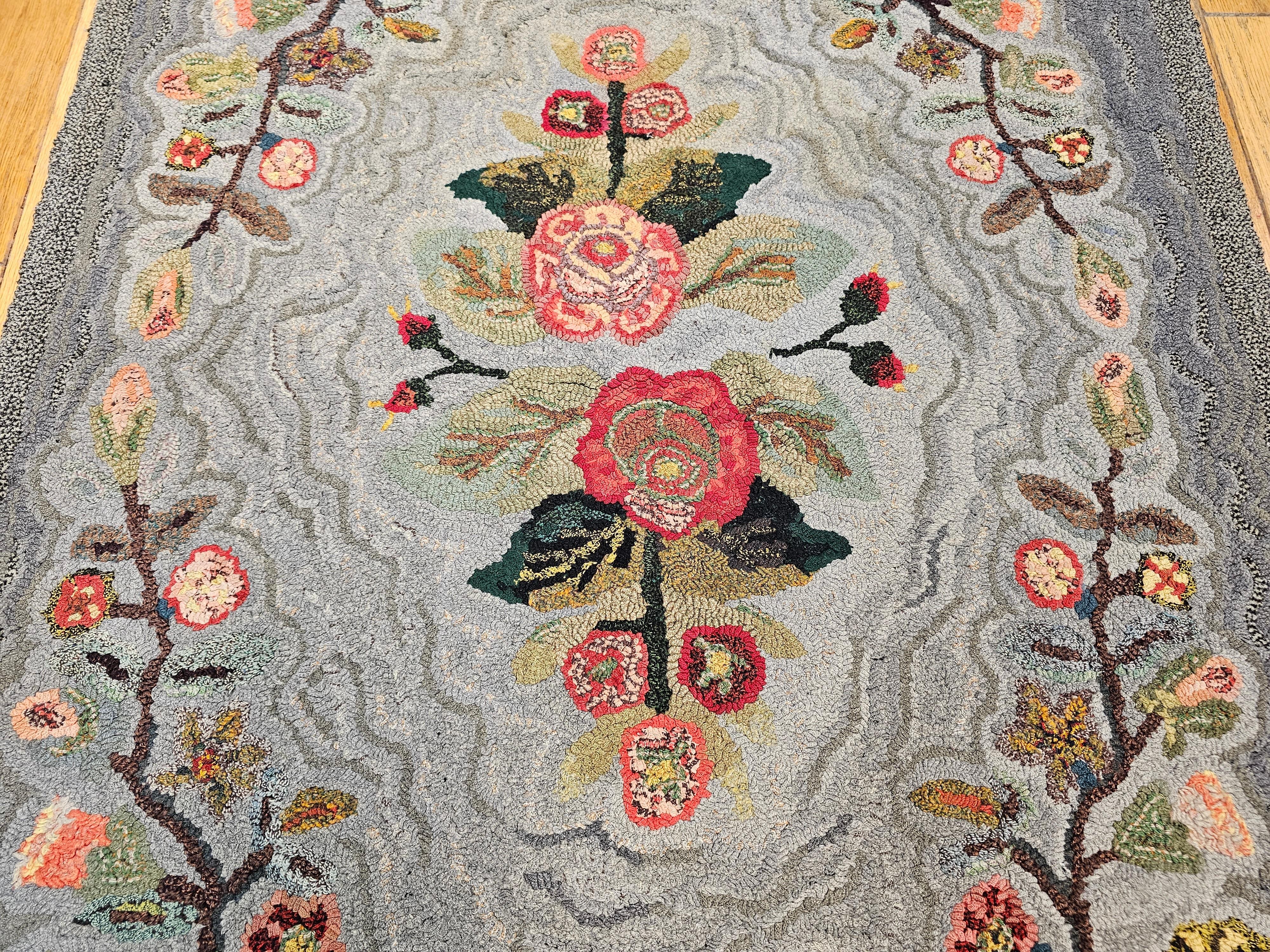 Vintage American Hand Hooked Rug in Floral Pattern in Pale Blue, Grey 6