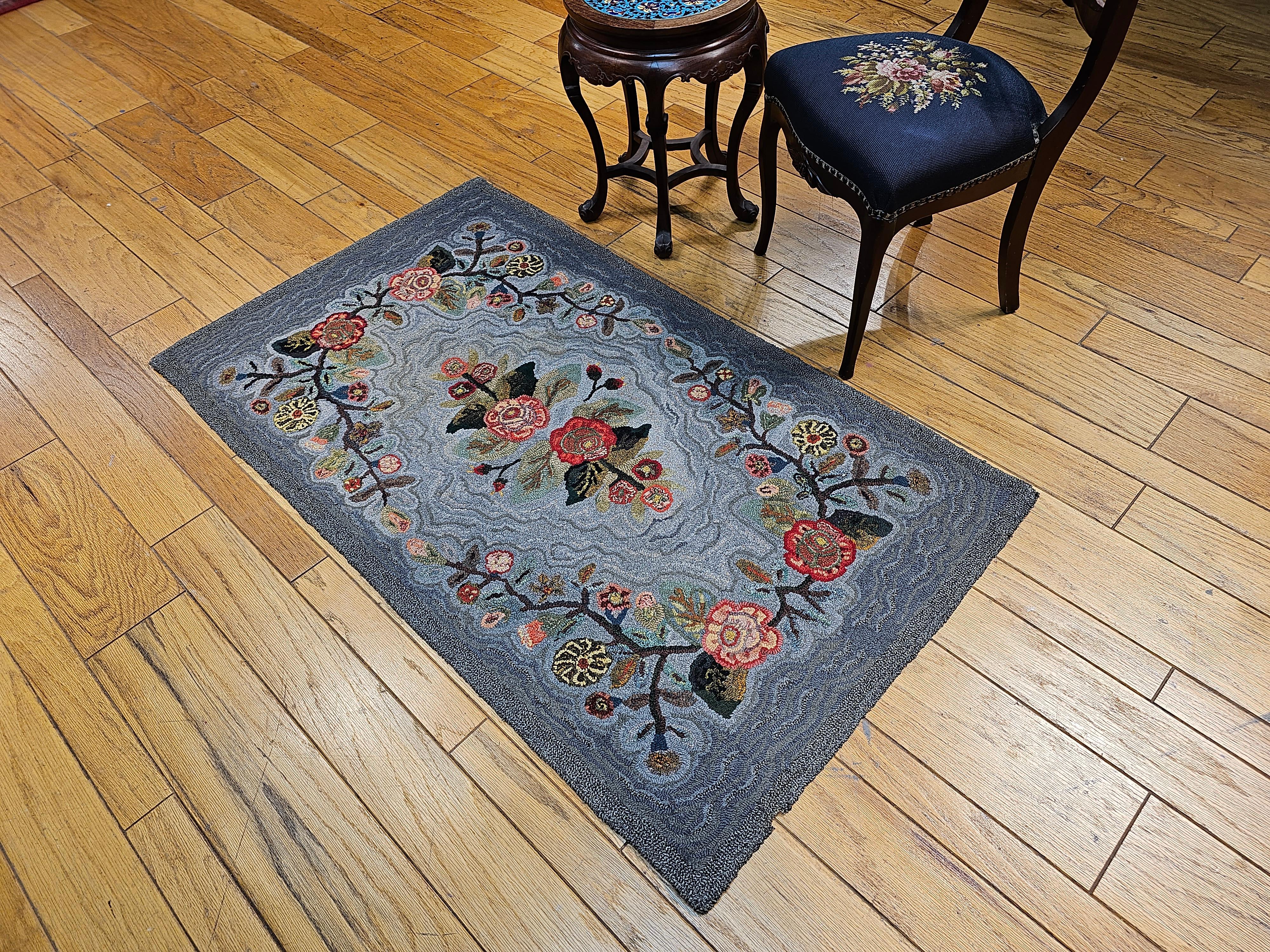 Vintage American Hand Hooked Rug in Floral Pattern in Pale Blue, Grey 8