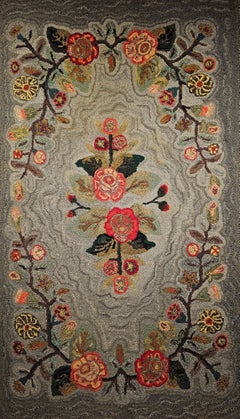 Vintage American Hand Hooked Rug in Floral Pattern in Pale Blue, Grey