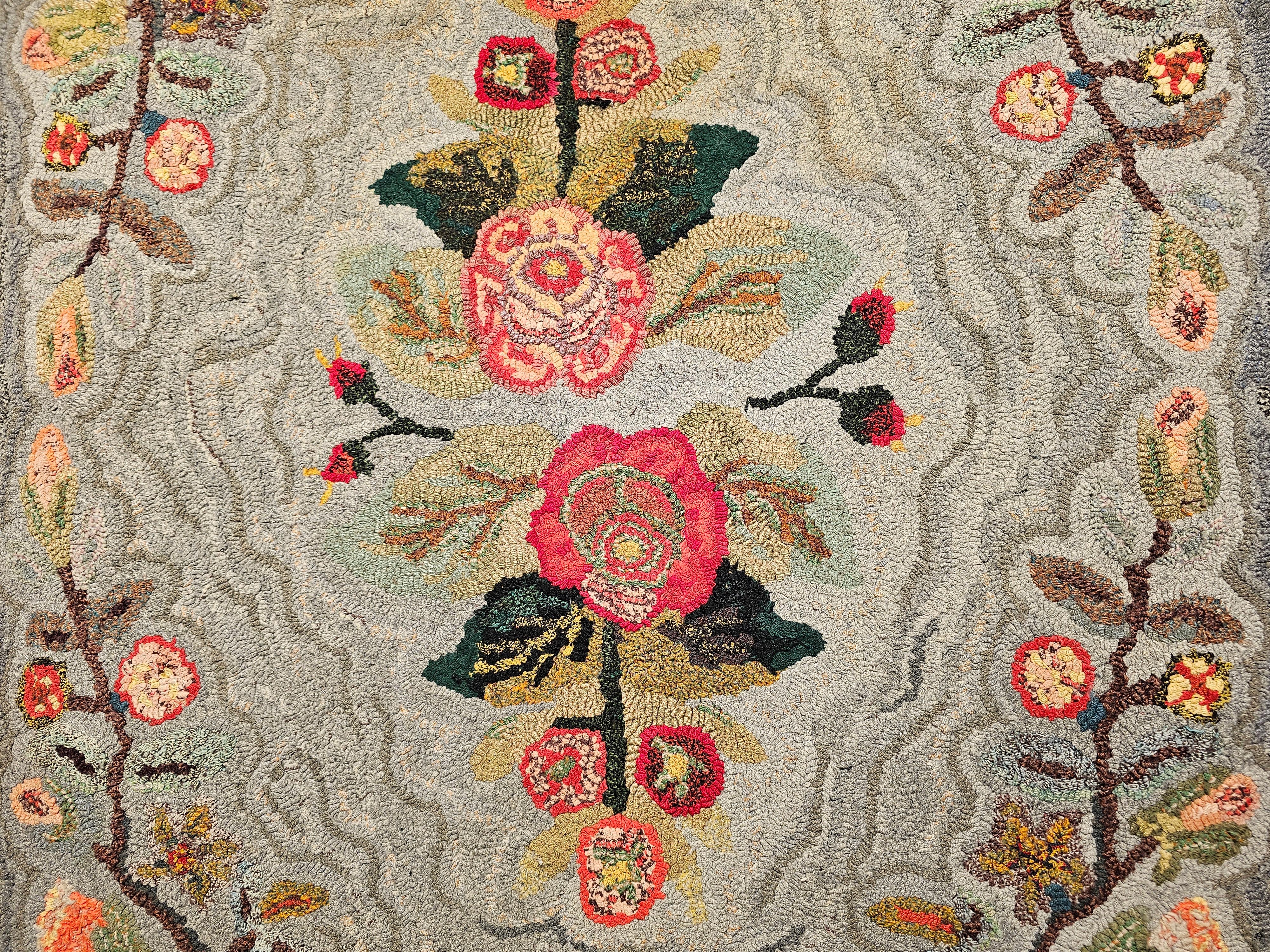 Vintage American Hand Hooked Rug in Floral Pattern in Pale Blue, Grey In Good Condition In Barrington, IL