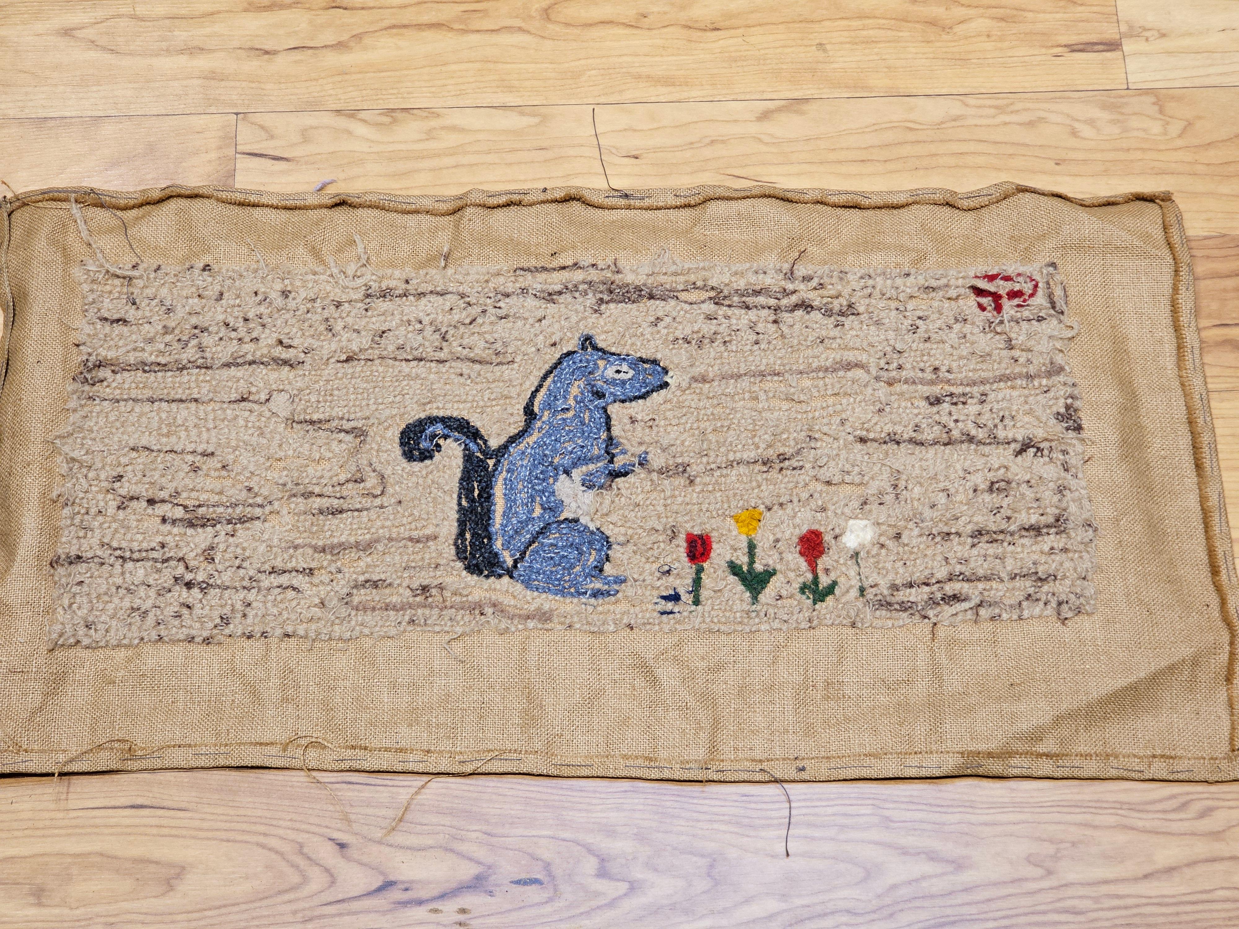 Cotton Vintage American Hand Hooked Rug with a Standing Squirrel in Lavender, Khaki For Sale