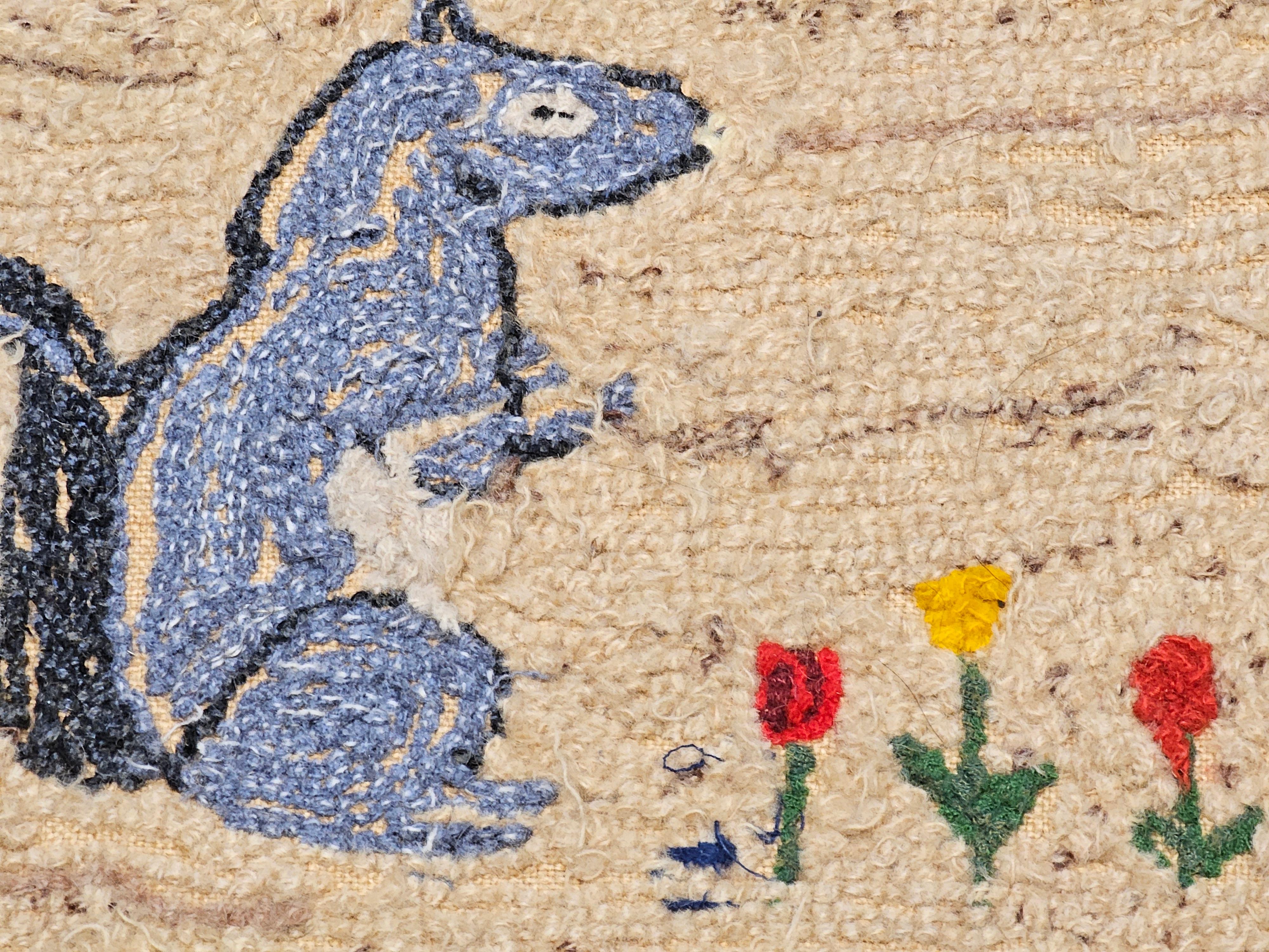 Vintage American Hand Hooked Rug with a Standing Squirrel in Lavender, Khaki For Sale 1