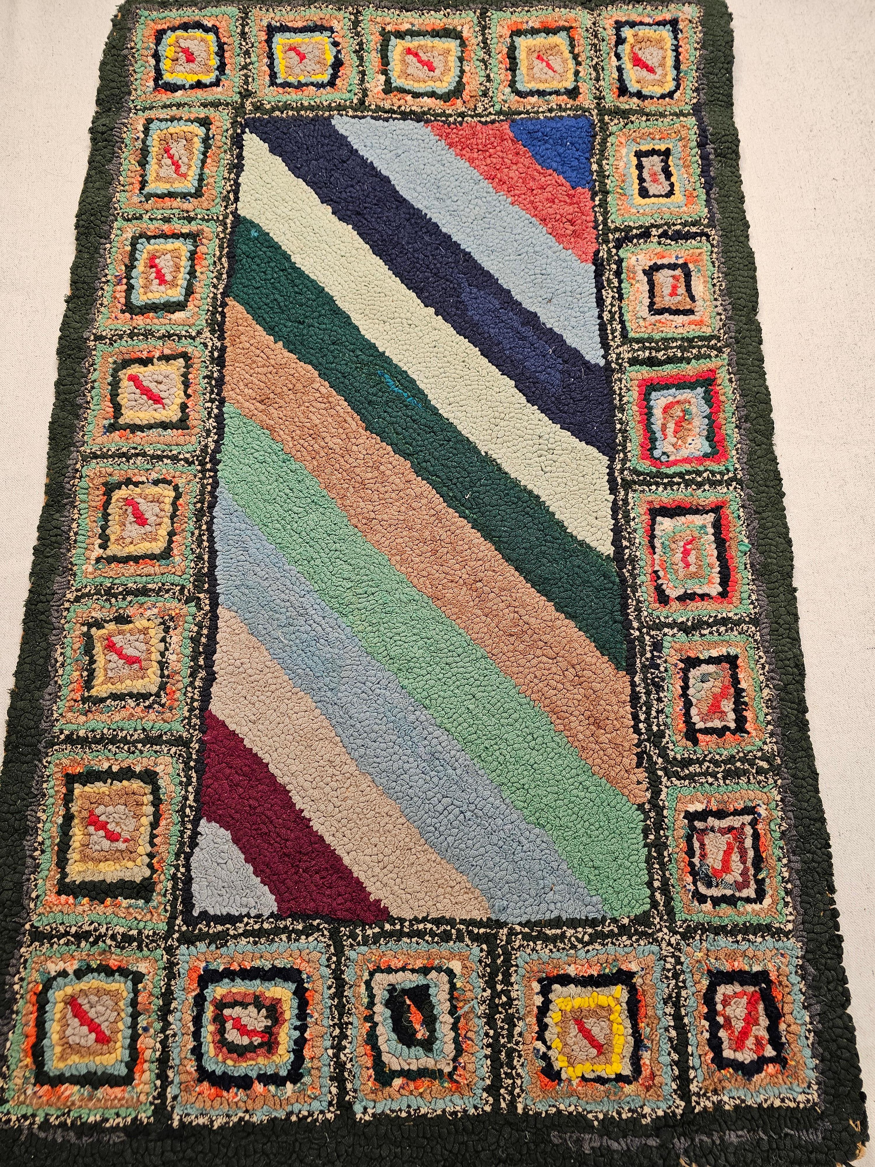 Vintage American Hand Hooked Rug with a Stripe Pattern as Tapestry Wall Art For Sale 6