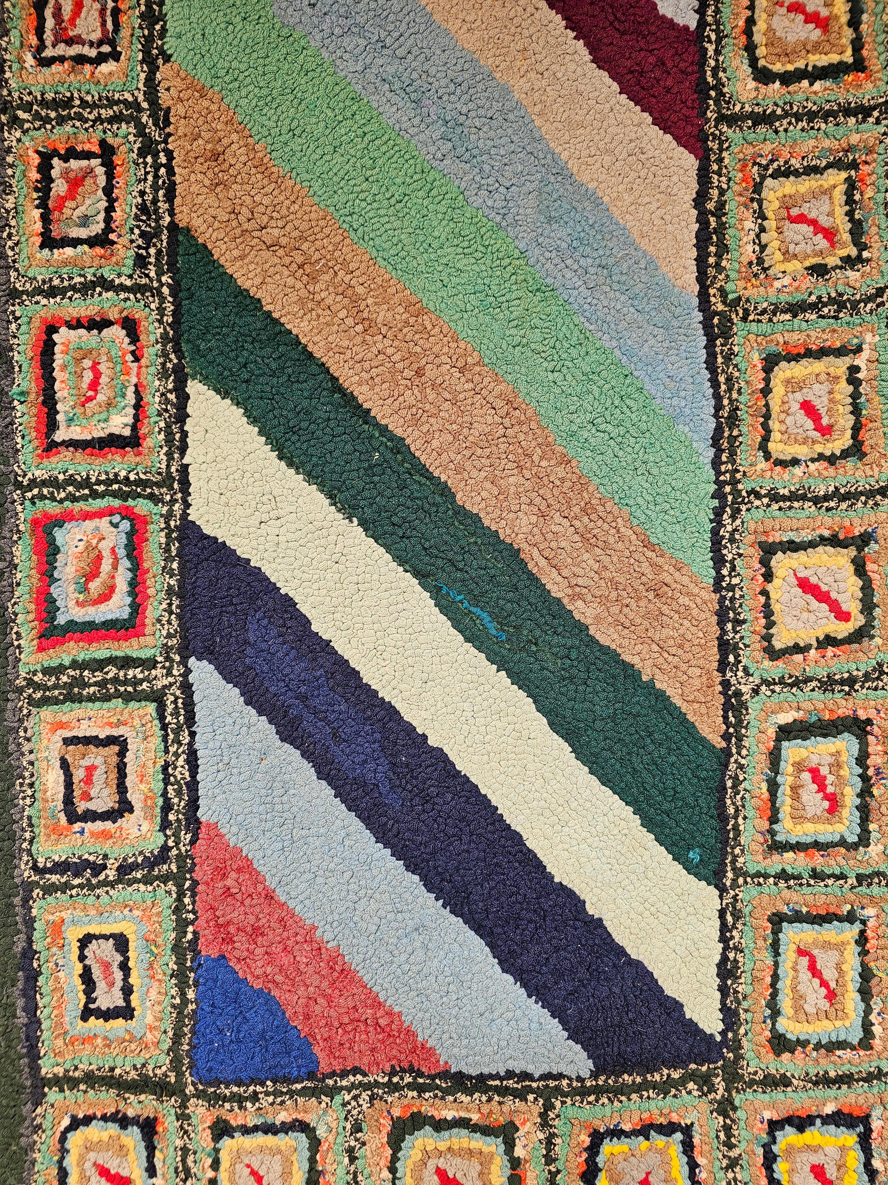 Hand-Crafted Vintage American Hand Hooked Rug with a Stripe Pattern as Tapestry Wall Art For Sale