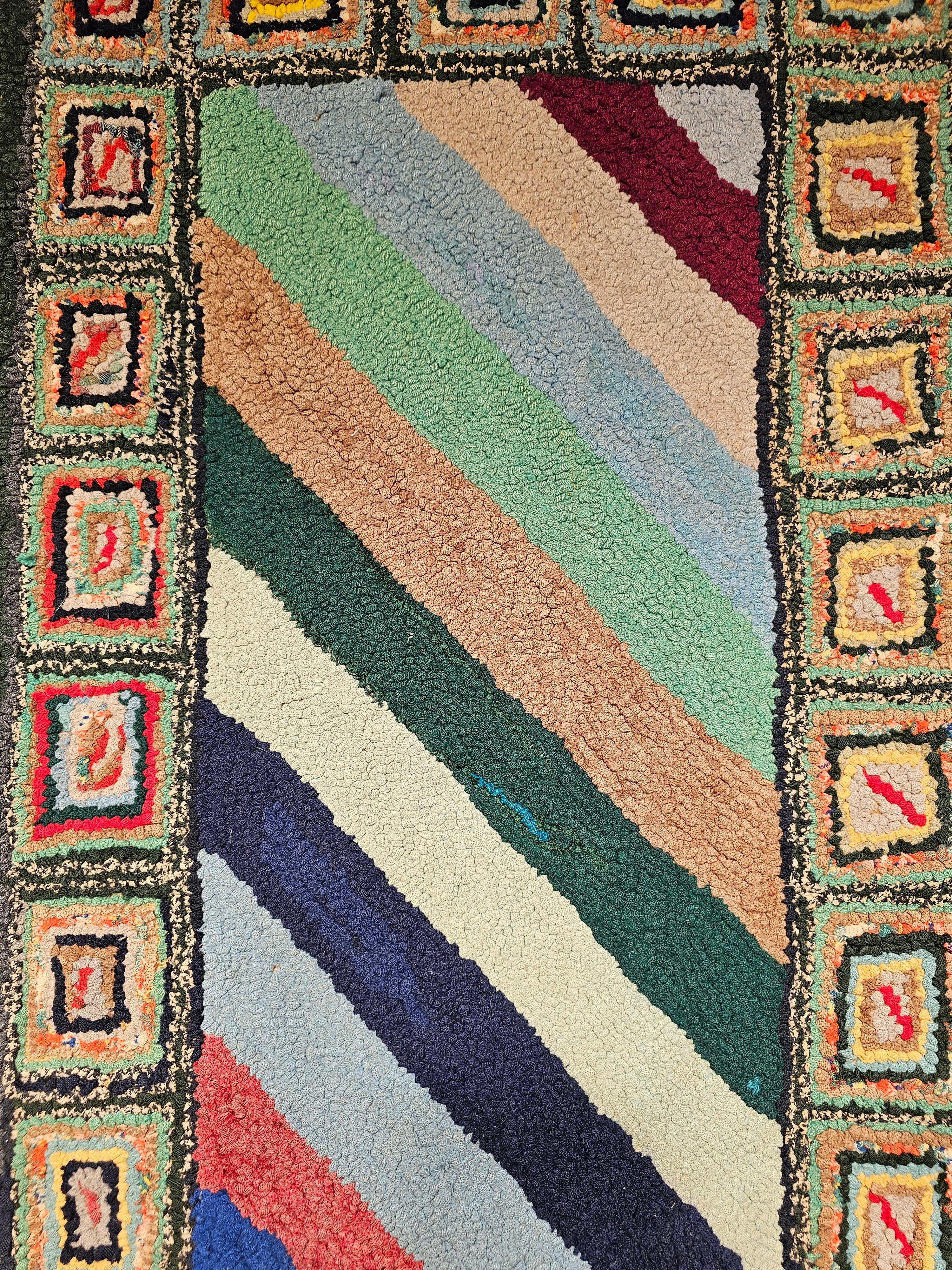 Vintage American Hand Hooked Rug with a Stripe Pattern as Tapestry Wall Art In Good Condition For Sale In Barrington, IL