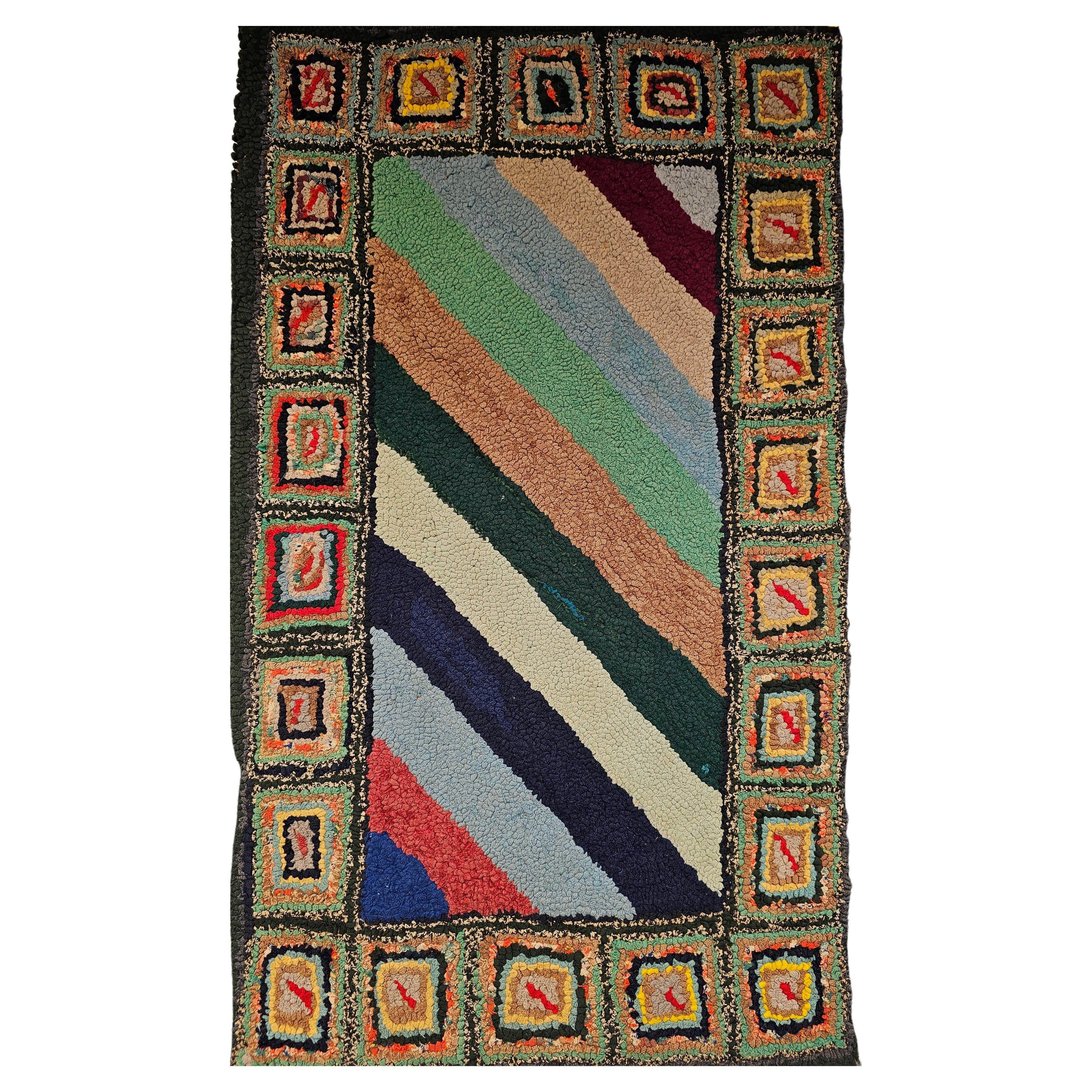 Vintage American Hand Hooked Rug with a Stripe Pattern as Tapestry Wall Art For Sale