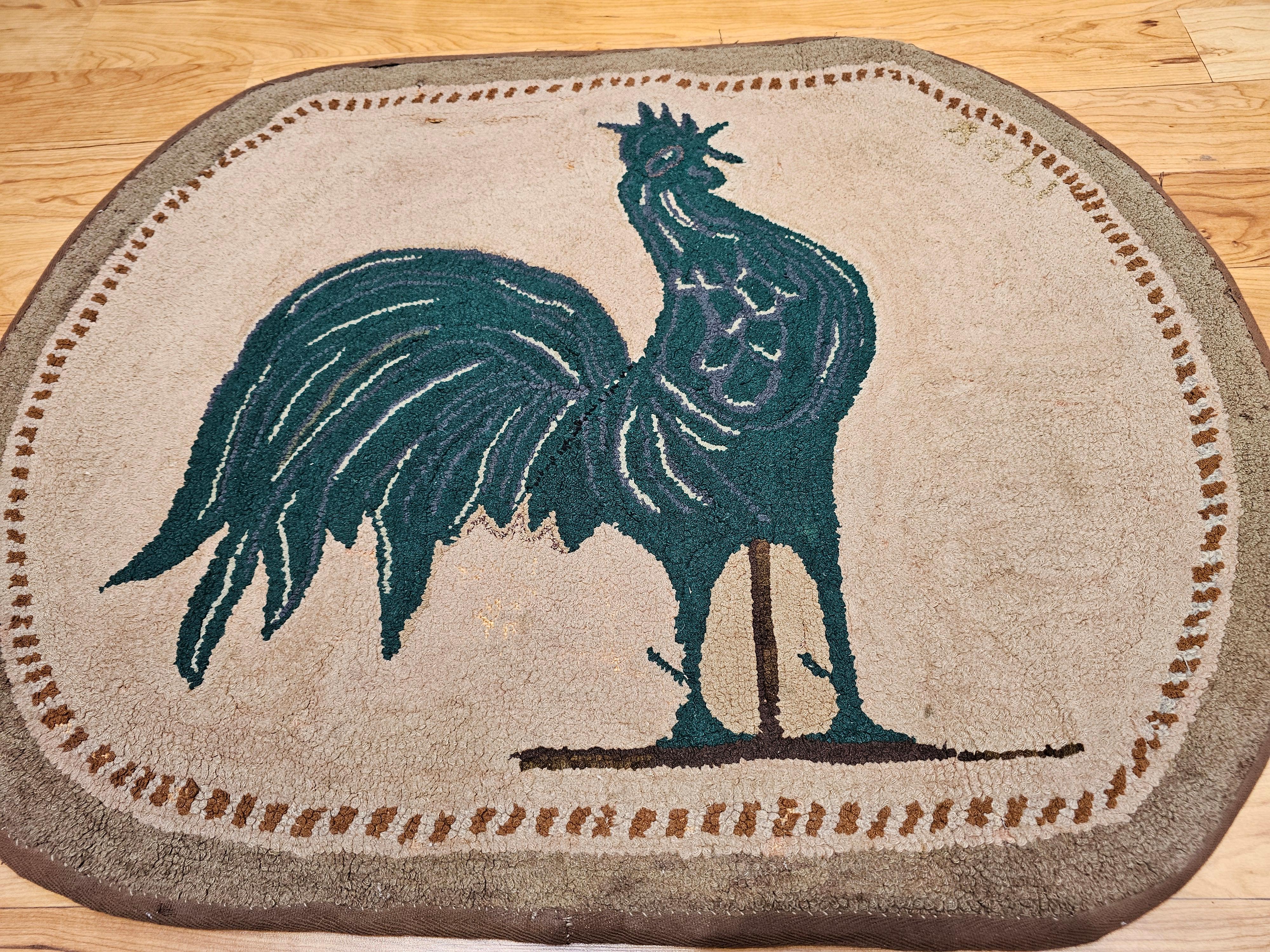 Vintage American Hand Hooked Rug in Rooster Pattern in Green, Brown, Khaki In Good Condition For Sale In Barrington, IL
