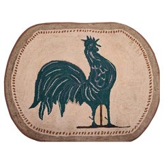 Used American Hand Hooked Rug in Rooster Pattern in Green, Brown, Khaki