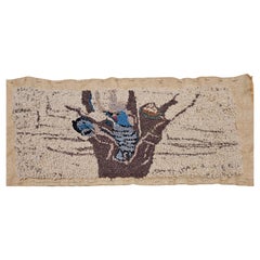Vintage American Hand Hooked Rug, Wool & Cotton, Birds in a Tree Nest Design