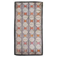 Vintage American Hand Hooked Rug, Wool on Cotton, Allover Geometric Pattern