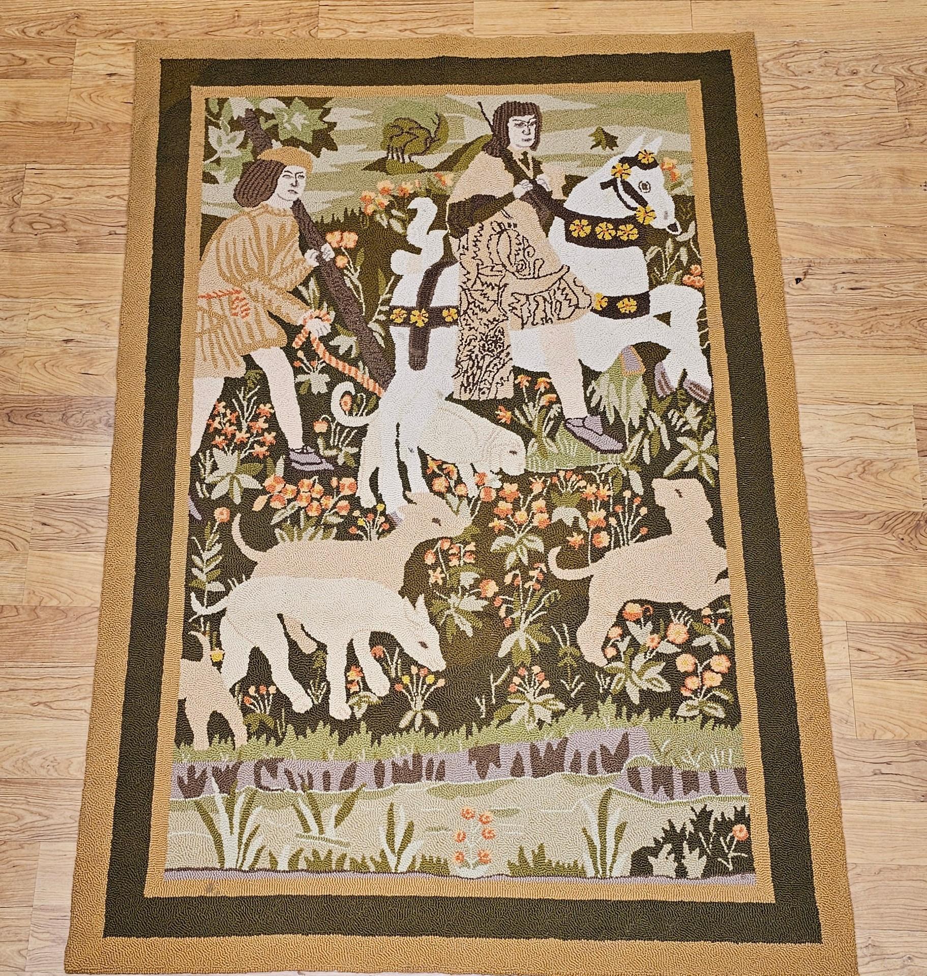 Vintage Hand Hooked Tapestry of Forest Scene in Green, Yellow, Brown For Sale 7