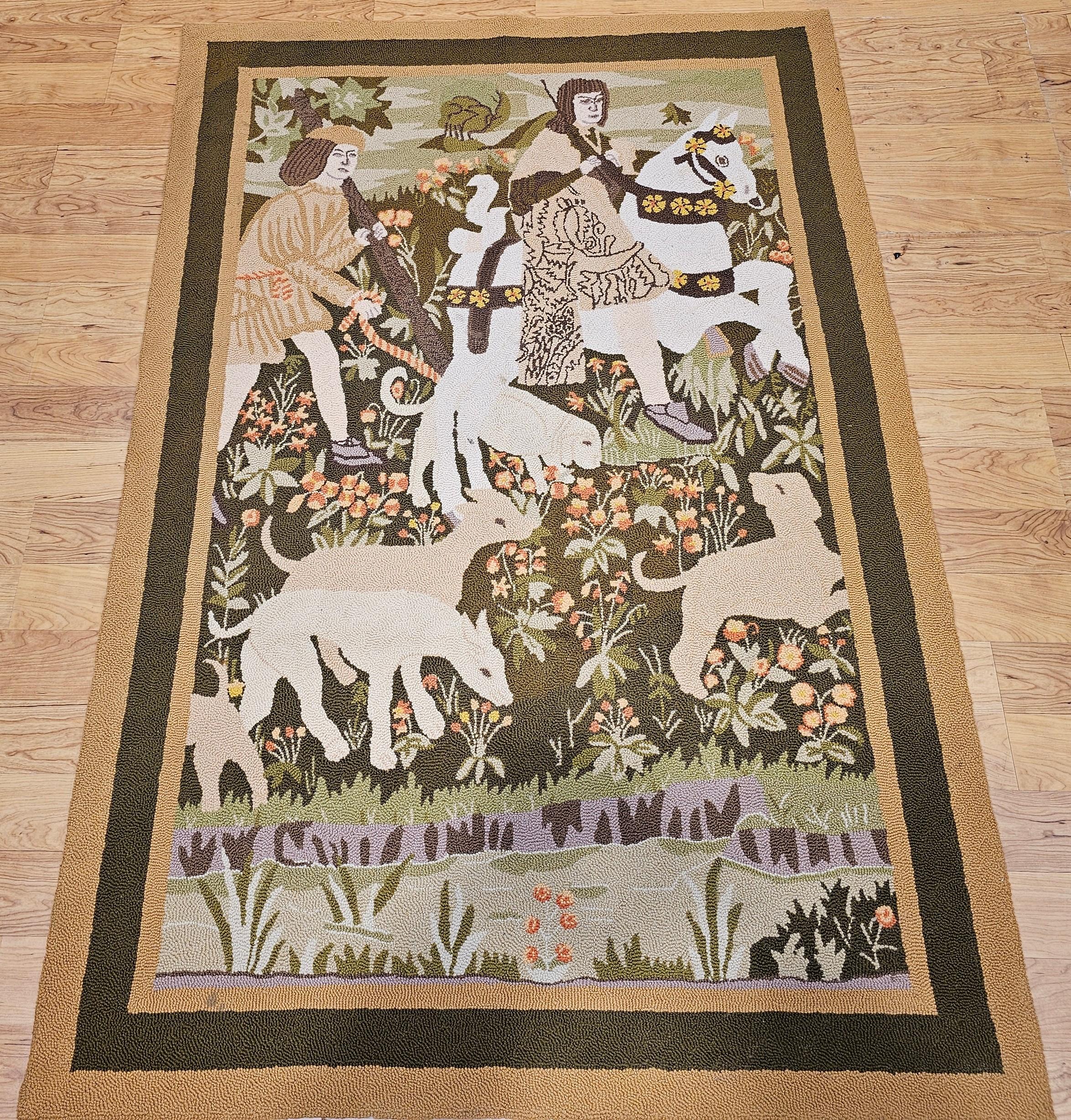  Vintage hand hooked rug in a wonderful depiction of a forest scene with trees and water with men and animals.  The rug has a delightful design and colors including green, ivory, lavender, brown, and yellow.    We are intrigued with the novelty and